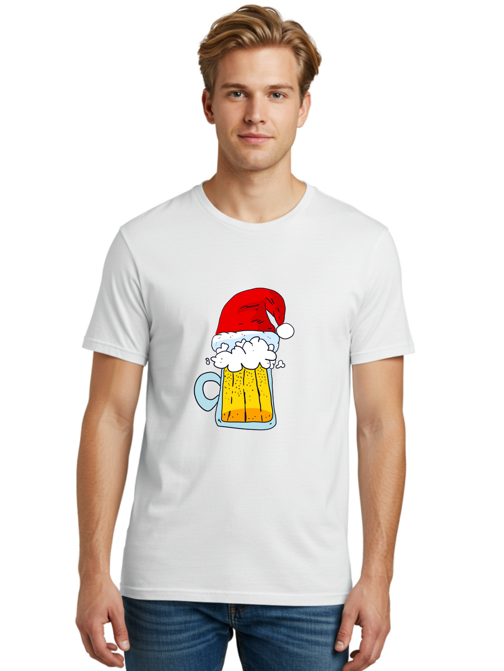 Beer-Mug-With-Santa-Hat Men'S Graphic Tee, 100% Cotton, Comfortable Casual Summer Wear, Machine Washable, Beer Mug With Santa Hat, Christmas Theme, Festive Drink, Holiday Cheer, Cartoon Style, Funny Illustration, Cold Beer, -  Aaa011