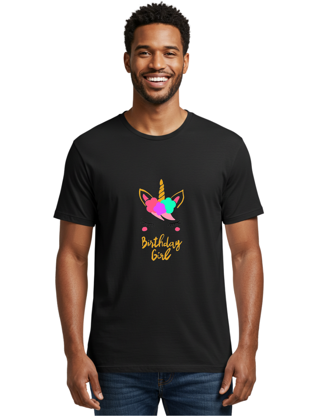 Birthday-Girl Men'S Graphic Tee, 100% Cotton, Comfortable Casual Summer Wear, Machine Washable, Unicorn Face, Colorful Mane, Birthday Girl, Pastel Colors, Yellow Horn, Pink Tears, Eyelashes, Festive Design, Celebration, Fun, Whimsical, -  Aaa013