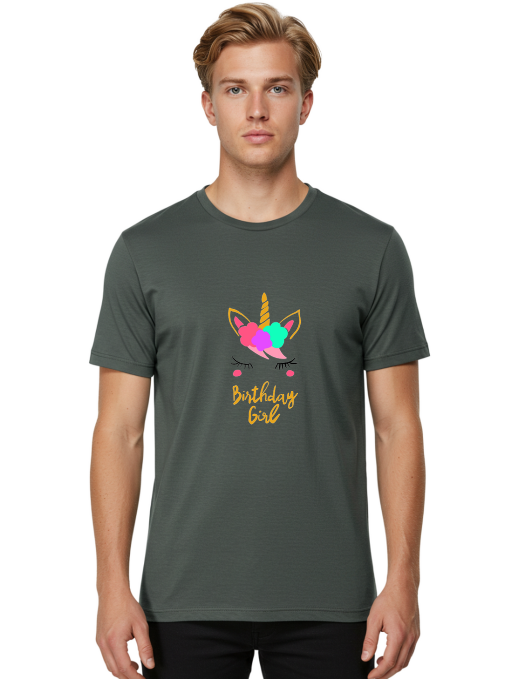 Birthday-Girl Men'S Graphic Tee, 100% Cotton, Comfortable Casual Summer Wear, Machine Washable, Unicorn Face, Colorful Mane, Birthday Girl, Pastel Colors, Yellow Horn, Pink Tears, Eyelashes, Festive Design, Celebration, Fun, Whimsical, -  Aaa013