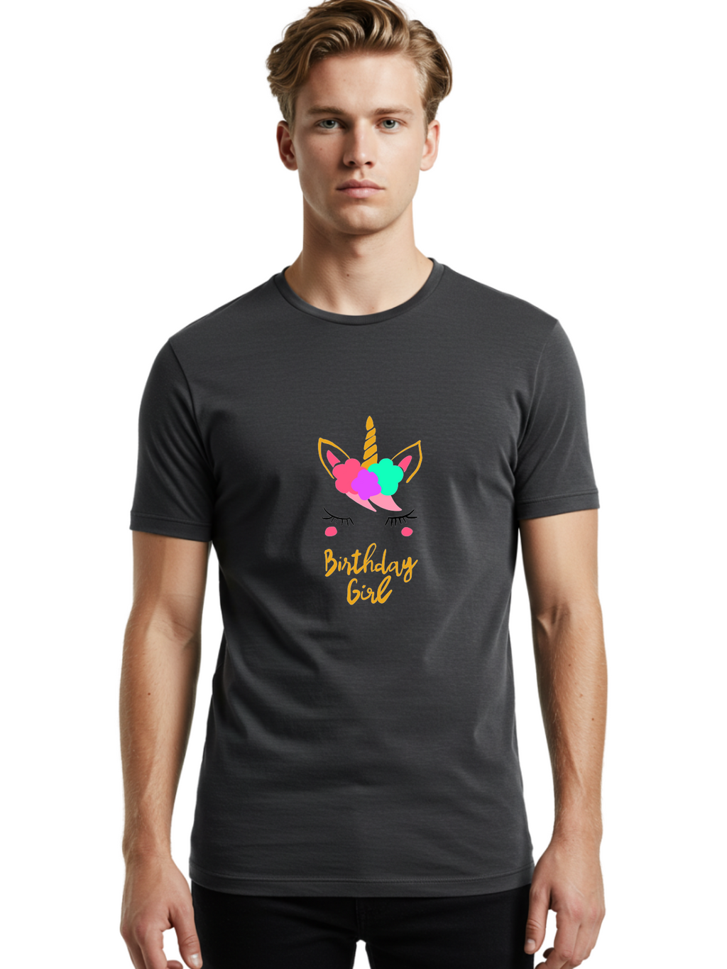 Birthday-Girl Men'S Graphic Tee, 100% Cotton, Comfortable Casual Summer Wear, Machine Washable, Unicorn Face, Colorful Mane, Birthday Girl, Pastel Colors, Yellow Horn, Pink Tears, Eyelashes, Festive Design, Celebration, Fun, Whimsical, -  Aaa013