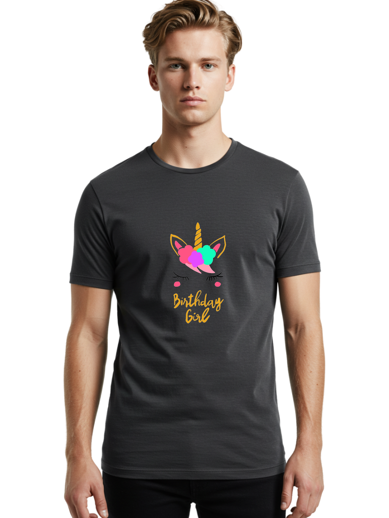 Birthday-Girl Men'S Graphic Tee, 100% Cotton, Comfortable Casual Summer Wear, Machine Washable, Unicorn Face, Colorful Mane, Birthday Girl, Pastel Colors, Yellow Horn, Pink Tears, Eyelashes, Festive Design, Celebration, Fun, Whimsical, -  Aaa013