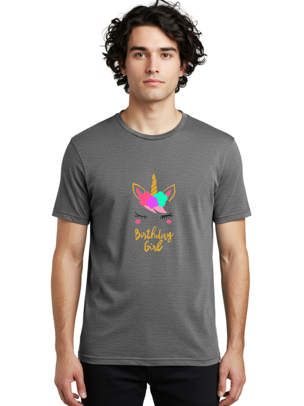 Birthday-Girl Men'S Graphic Tee, 100% Cotton, Comfortable Casual Summer Wear, Machine Washable, Unicorn Face, Colorful Mane, Birthday Girl, Pastel Colors, Yellow Horn, Pink Tears, Eyelashes, Festive Design, Celebration, Fun, Whimsical, -  Aaa013