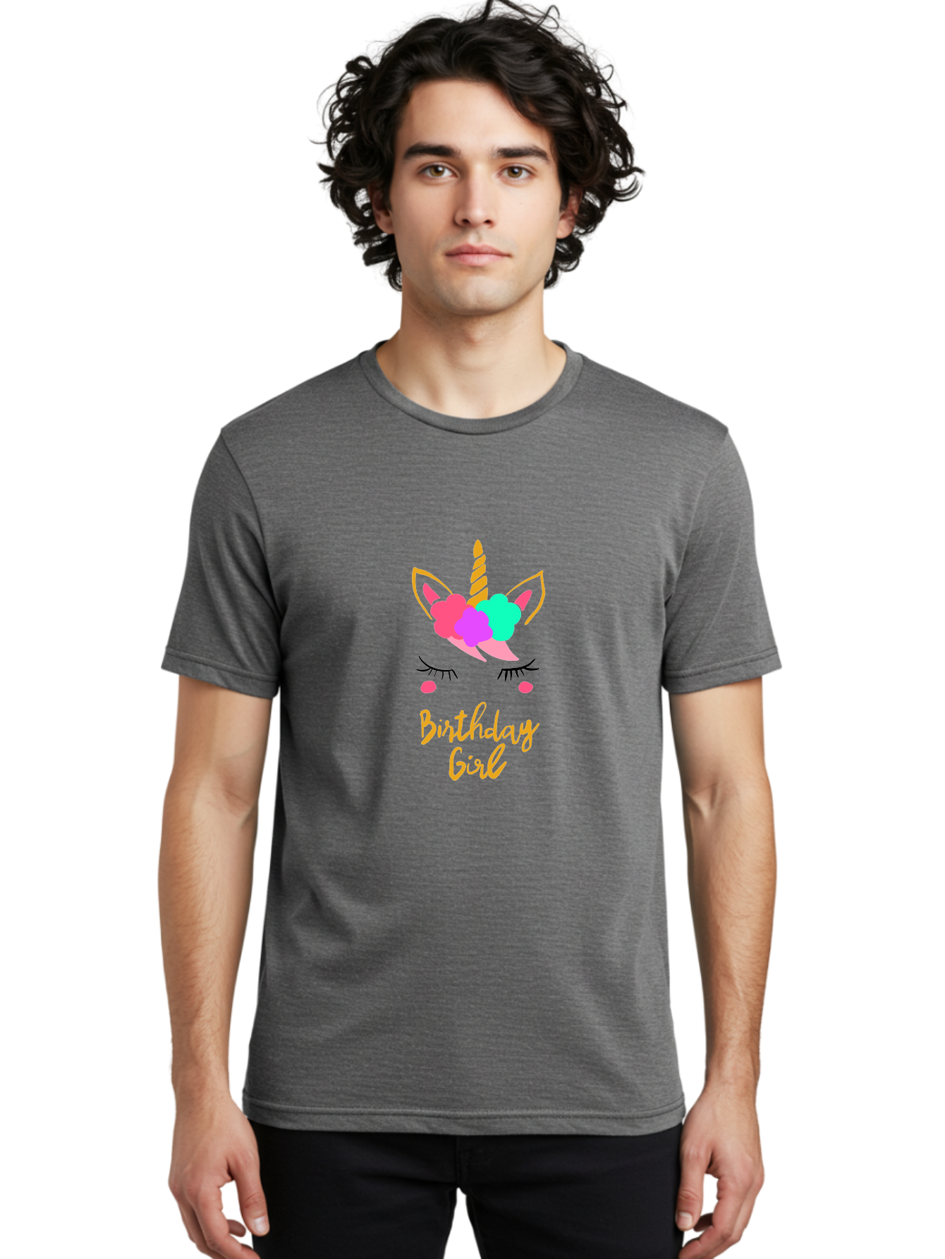 Birthday-Girl Men'S Graphic Tee, 100% Cotton, Comfortable Casual Summer Wear, Machine Washable, Unicorn Face, Colorful Mane, Birthday Girl, Pastel Colors, Yellow Horn, Pink Tears, Eyelashes, Festive Design, Celebration, Fun, Whimsical, -  Aaa013