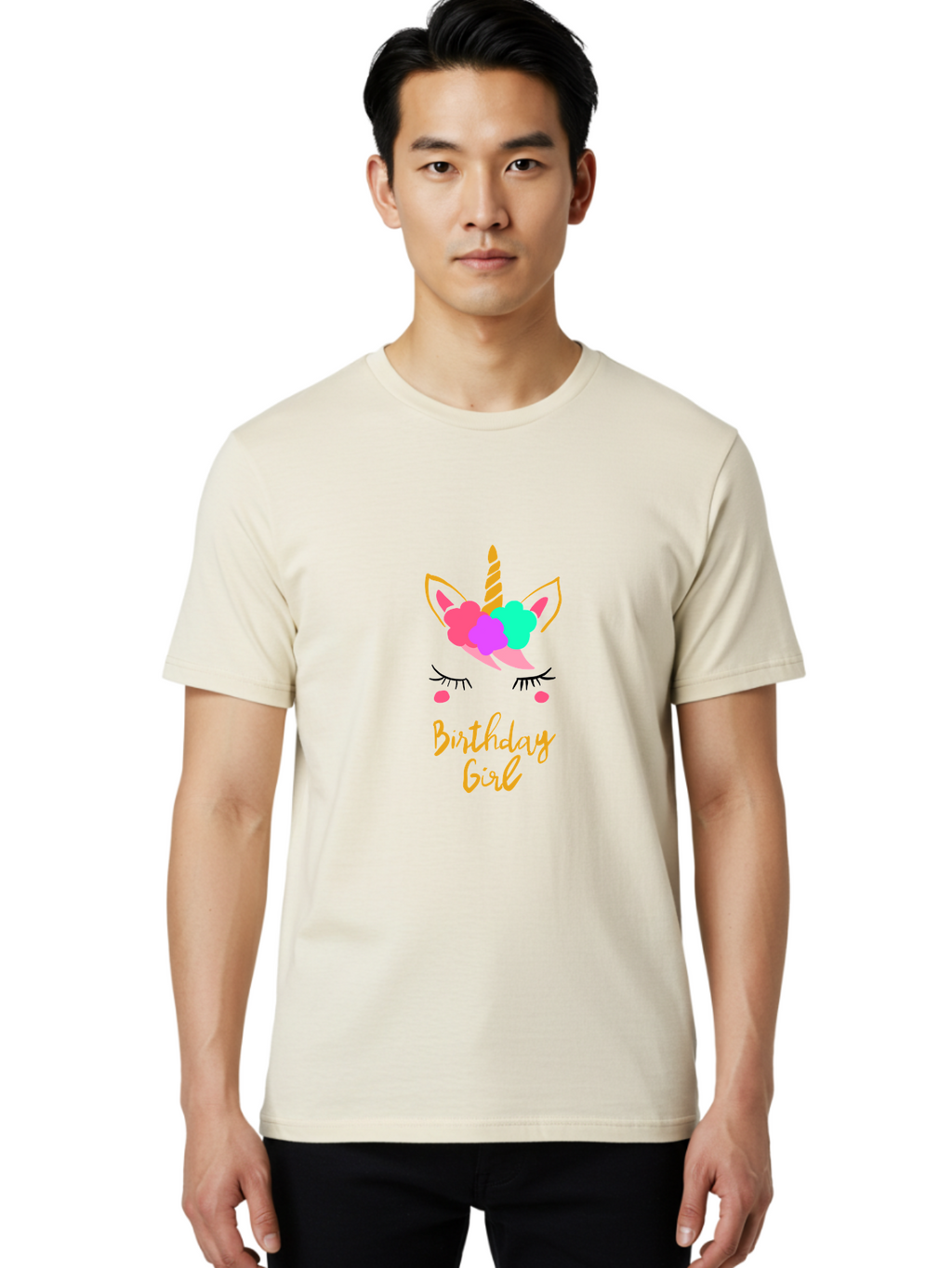 Birthday-Girl Men'S Graphic Tee, 100% Cotton, Comfortable Casual Summer Wear, Machine Washable, Unicorn Face, Colorful Mane, Birthday Girl, Pastel Colors, Yellow Horn, Pink Tears, Eyelashes, Festive Design, Celebration, Fun, Whimsical, -  Aaa013