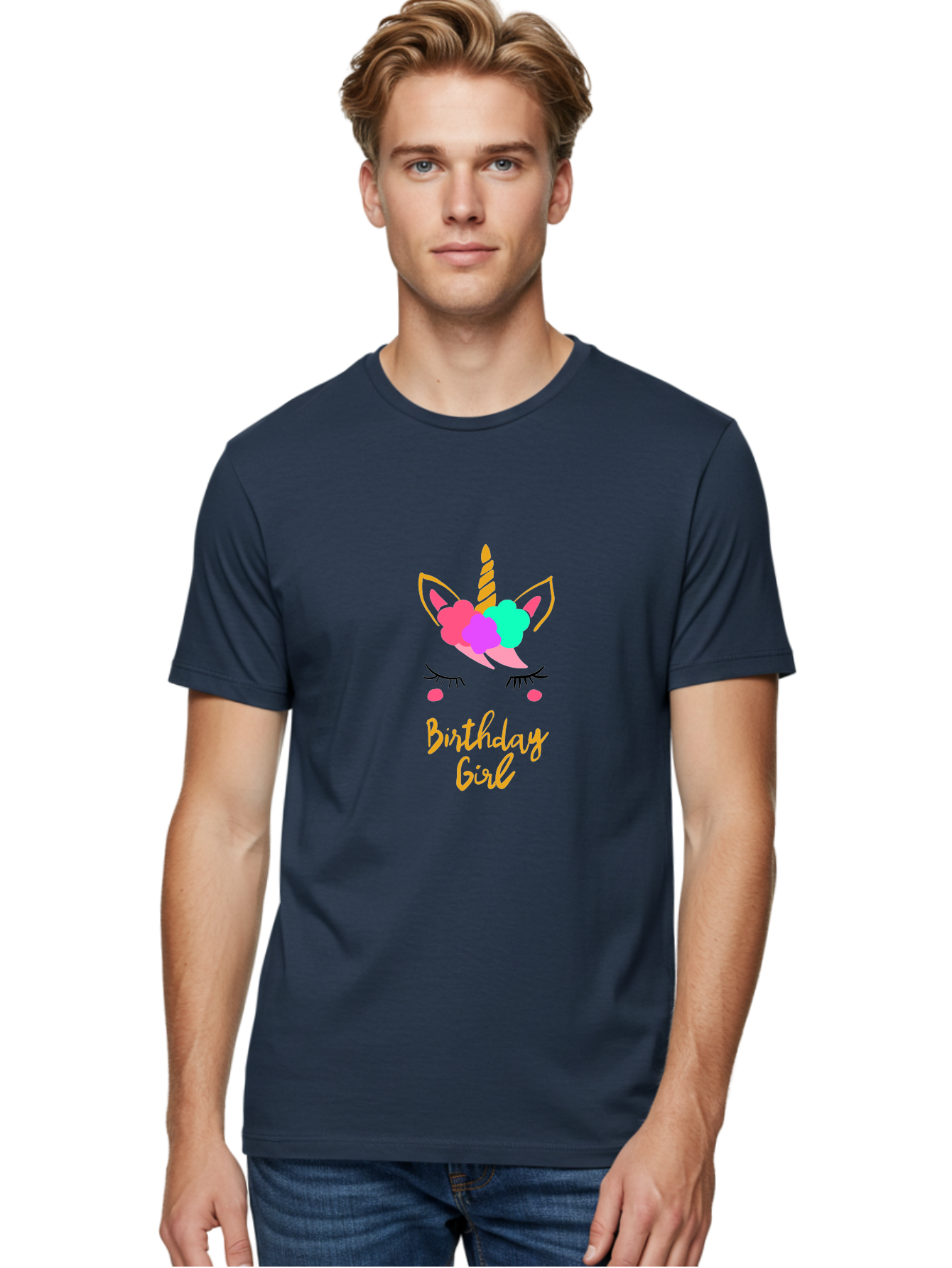 Birthday-Girl Men'S Graphic Tee, 100% Cotton, Comfortable Casual Summer Wear, Machine Washable, Unicorn Face, Colorful Mane, Birthday Girl, Pastel Colors, Yellow Horn, Pink Tears, Eyelashes, Festive Design, Celebration, Fun, Whimsical, -  Aaa013
