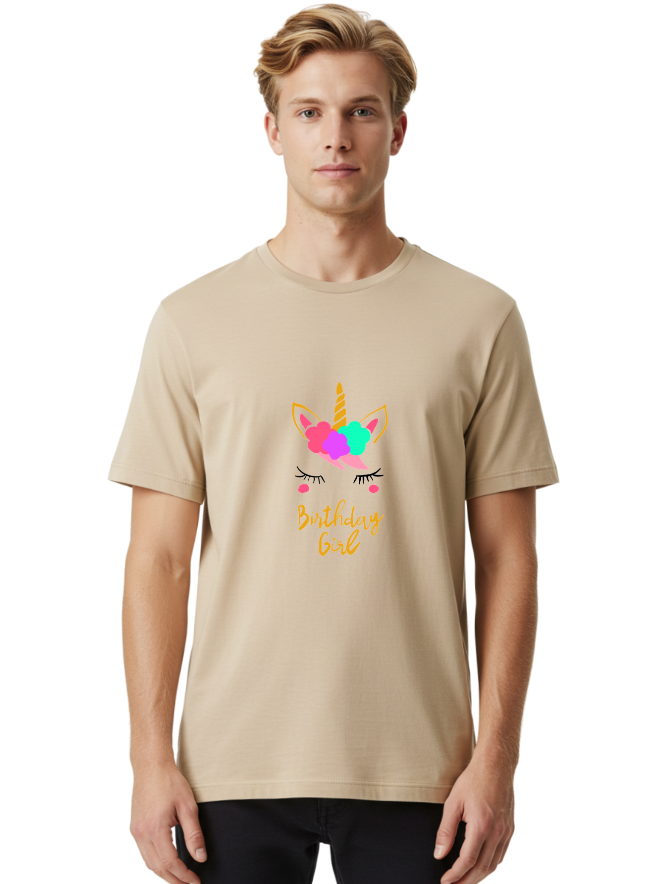 Birthday-Girl Men'S Graphic Tee, 100% Cotton, Comfortable Casual Summer Wear, Machine Washable, Unicorn Face, Colorful Mane, Birthday Girl, Pastel Colors, Yellow Horn, Pink Tears, Eyelashes, Festive Design, Celebration, Fun, Whimsical, -  Aaa013
