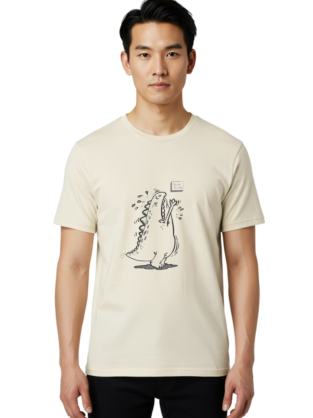 Black-Dog-Eats Men'S Graphic Tee, 100% Cotton, Comfortable Casual Summer Wear, Machine Washable, Cartoon Dinosaur, Singing Or Screaming, Music Or Sound Effects, Dynamic Pose, Stylized Illustration, Graphic Design, Humorous Art, -  Aaa014