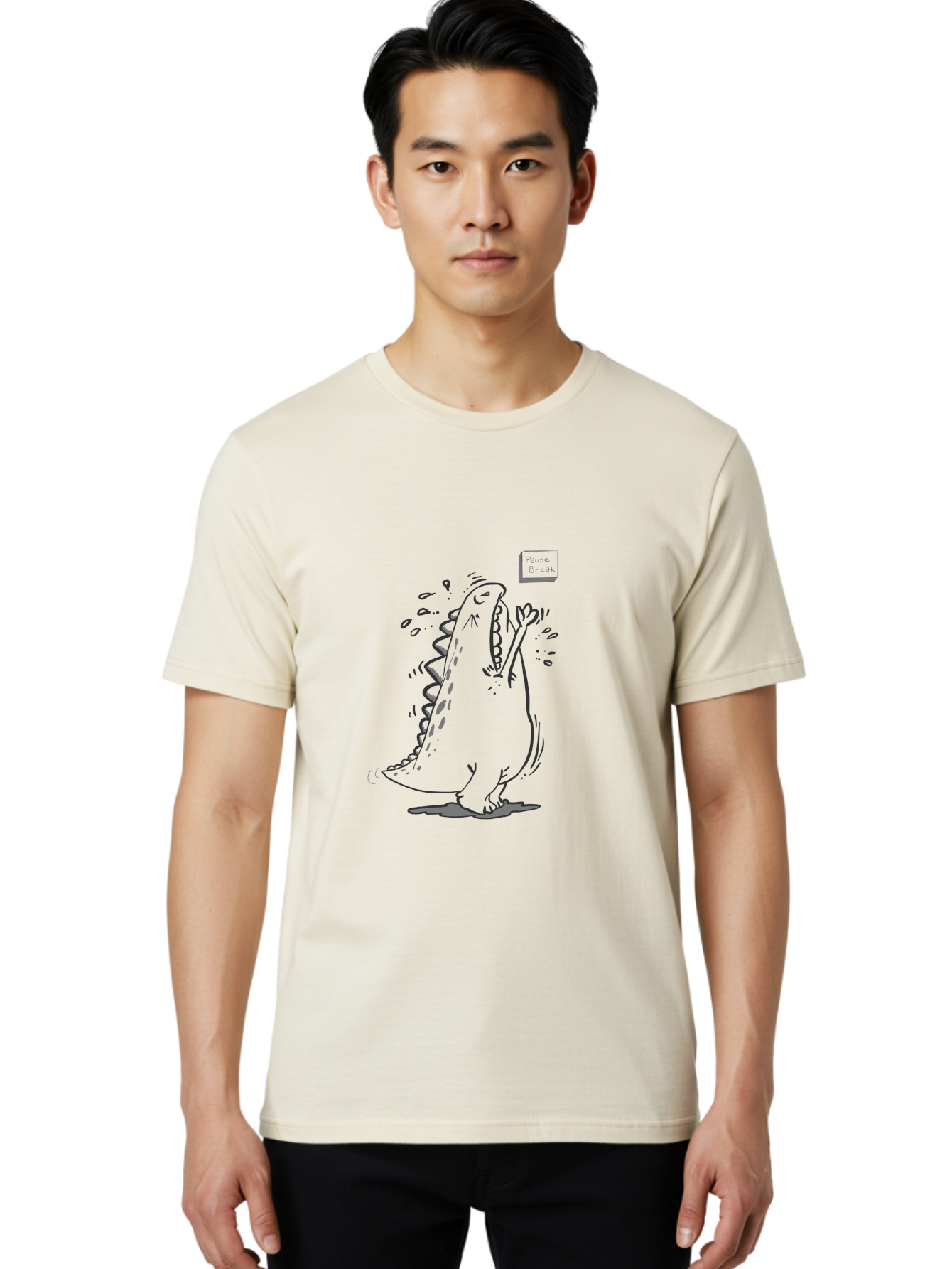 Black-Dog-Eats Men'S Graphic Tee, 100% Cotton, Comfortable Casual Summer Wear, Machine Washable, Cartoon Dinosaur, Singing Or Screaming, Music Or Sound Effects, Dynamic Pose, Stylized Illustration, Graphic Design, Humorous Art, -  Aaa014