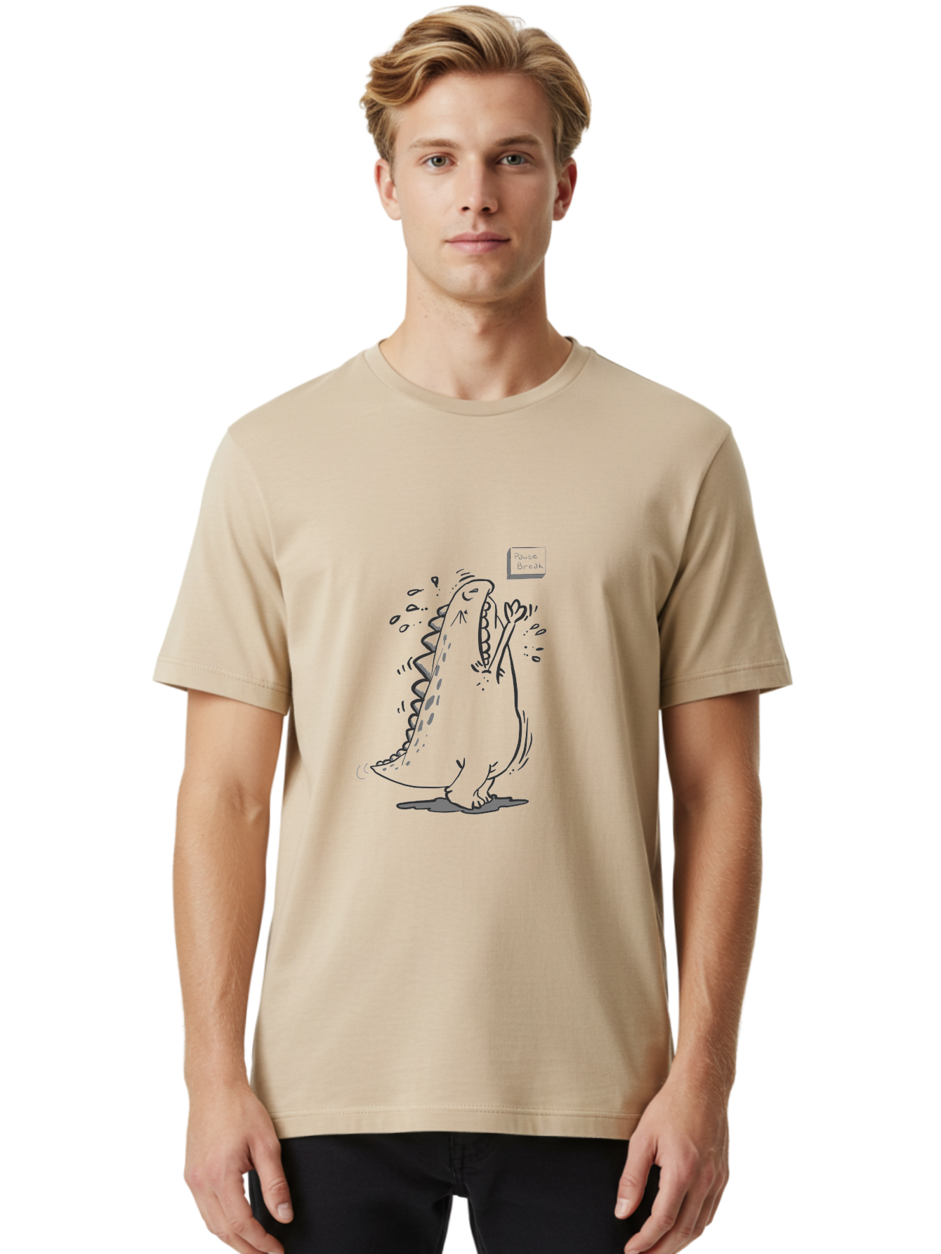 Black-Dog-Eats Men'S Graphic Tee, 100% Cotton, Comfortable Casual Summer Wear, Machine Washable, Cartoon Dinosaur, Singing Or Screaming, Music Or Sound Effects, Dynamic Pose, Stylized Illustration, Graphic Design, Humorous Art, -  Aaa014