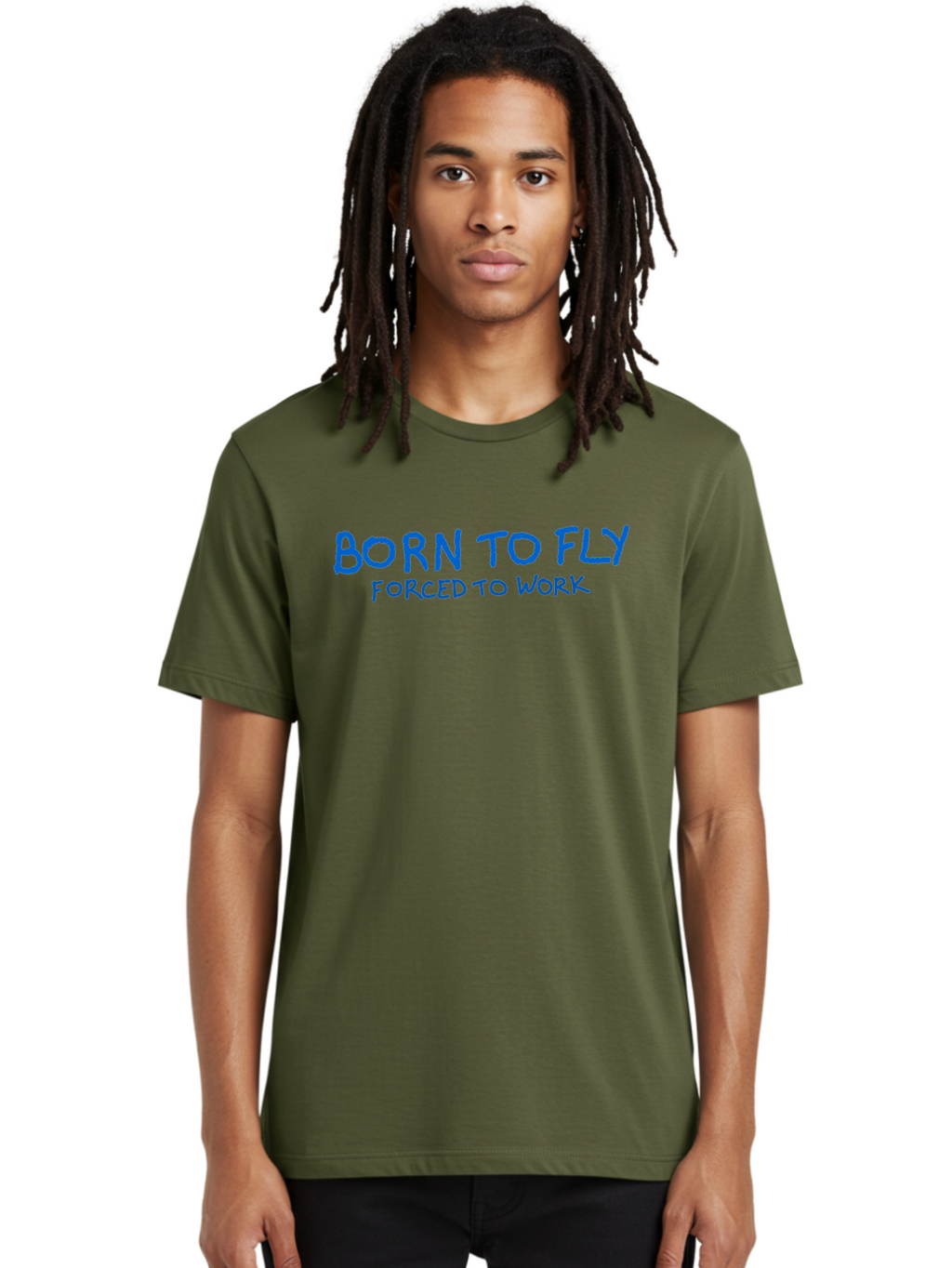Born-To-Fly-Forced-To-Work Men'S Graphic Tee, 100% Cotton, Comfortable Casual Summer Wear, Machine Washable, Motivational Quote, Inspirational Phrase, Freedom Of Flight, Contrasting Work Life, Bold Typography, Blue Font, Statement Art -  Aaa015