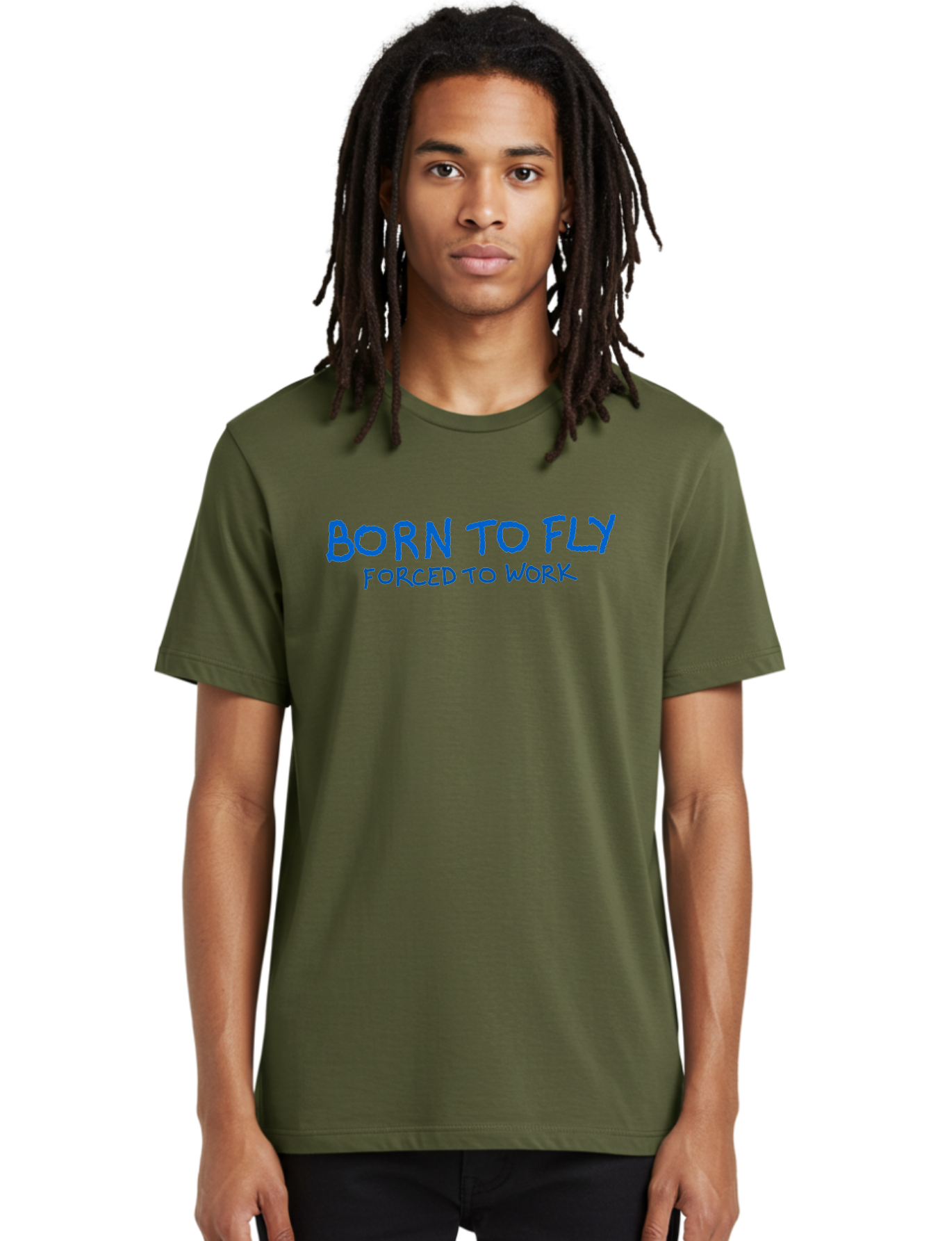 Born-To-Fly-Forced-To-Work Men'S Graphic Tee, 100% Cotton, Comfortable Casual Summer Wear, Machine Washable, Motivational Quote, Inspirational Phrase, Freedom Of Flight, Contrasting Work Life, Bold Typography, Blue Font, Statement Art -  Aaa015