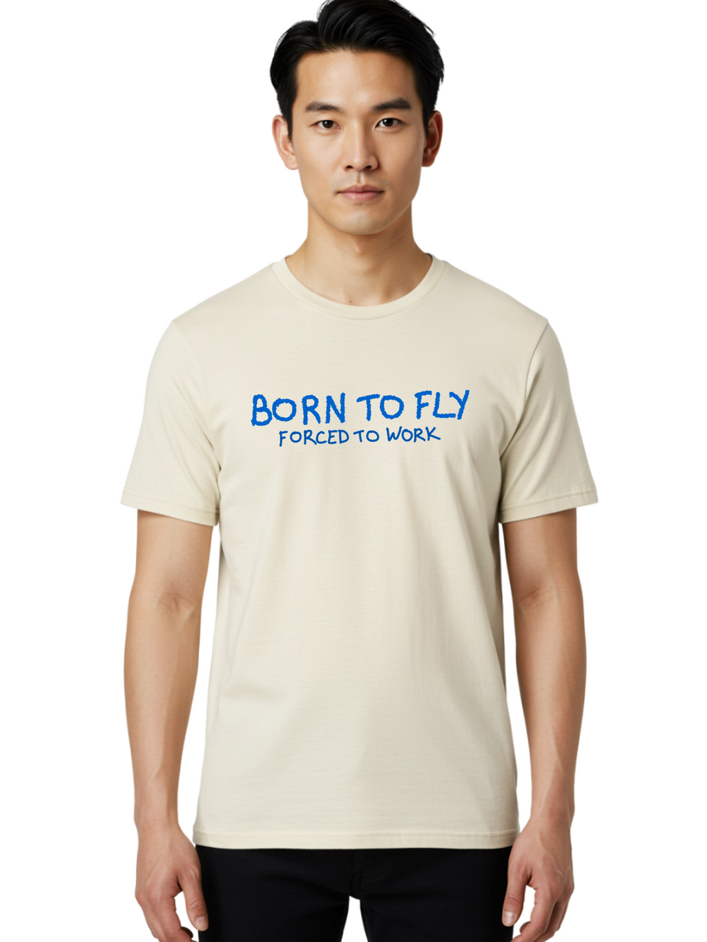 Born-To-Fly-Forced-To-Work Men'S Graphic Tee, 100% Cotton, Comfortable Casual Summer Wear, Machine Washable, Motivational Quote, Inspirational Phrase, Freedom Of Flight, Contrasting Work Life, Bold Typography, Blue Font, Statement Art -  Aaa015
