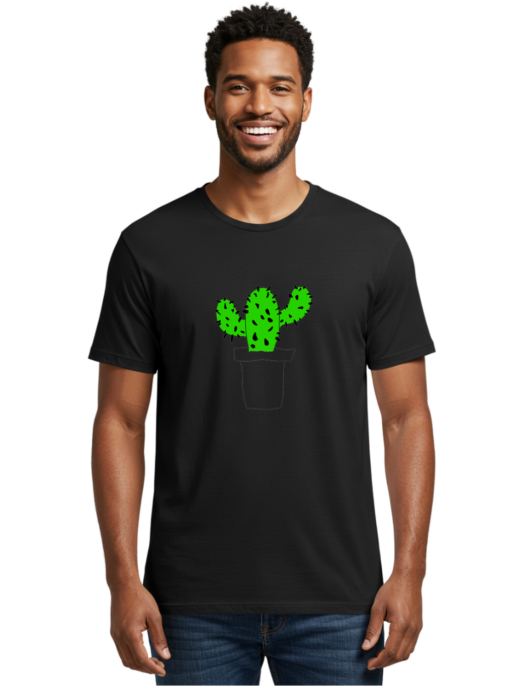 Cactus Men'S Graphic Tee, 100% Cotton, Comfortable Casual Summer Wear, Machine Washable, Cactus Plant, Potted Cactus, Spiky Leaves, Simple Illustration, Minimalist Design, Cacti, Succulent, Desert Plant, Houseplant, Black Outline -  Aaa016