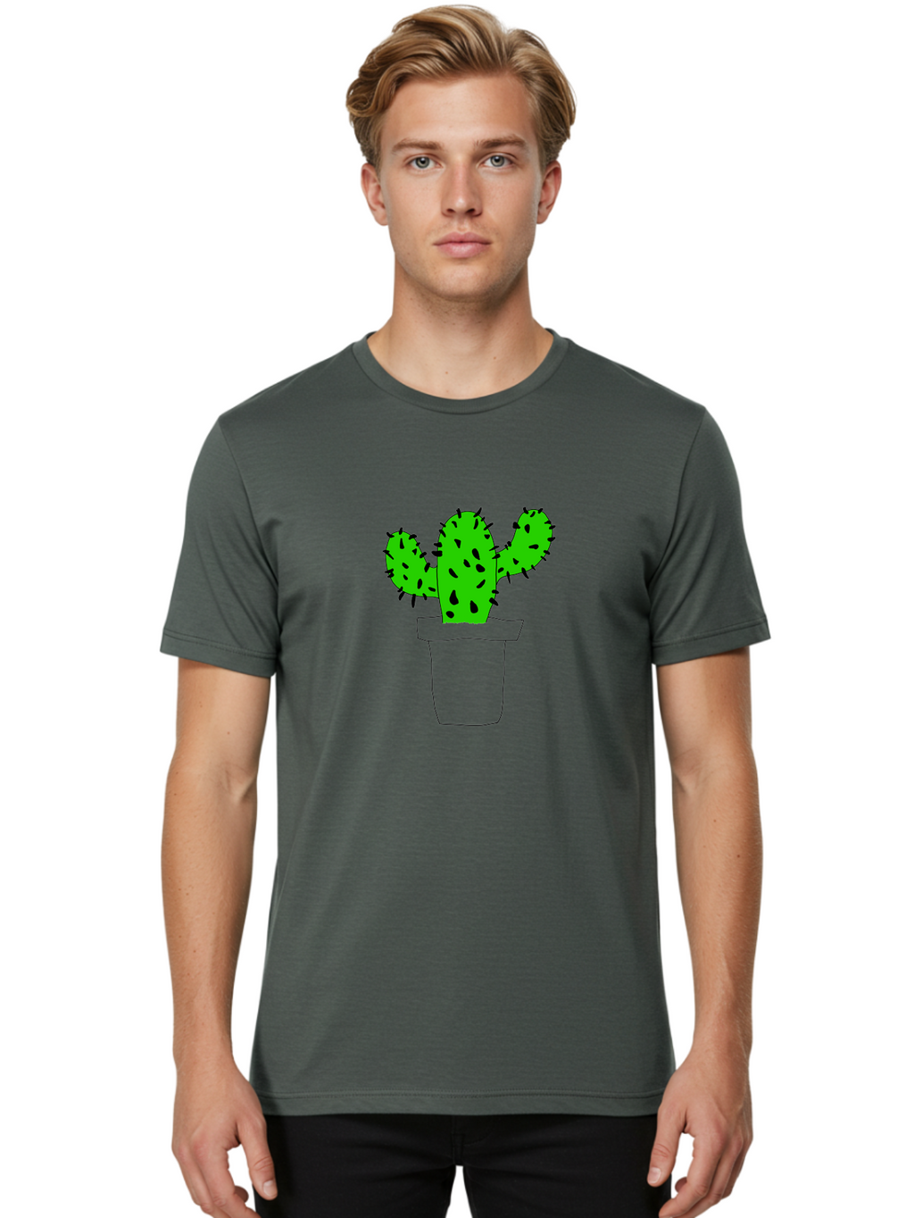 Cactus Men'S Graphic Tee, 100% Cotton, Comfortable Casual Summer Wear, Machine Washable, Cactus Plant, Potted Cactus, Spiky Leaves, Simple Illustration, Minimalist Design, Cacti, Succulent, Desert Plant, Houseplant, Black Outline -  Aaa016