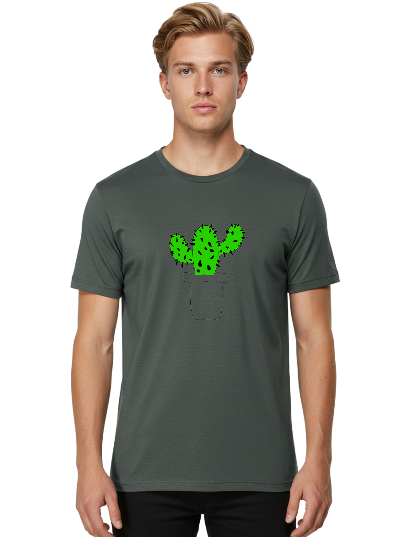 Cactus Men'S Graphic Tee, 100% Cotton, Comfortable Casual Summer Wear, Machine Washable, Cactus Plant, Potted Cactus, Spiky Leaves, Simple Illustration, Minimalist Design, Cacti, Succulent, Desert Plant, Houseplant, Black Outline -  Aaa016