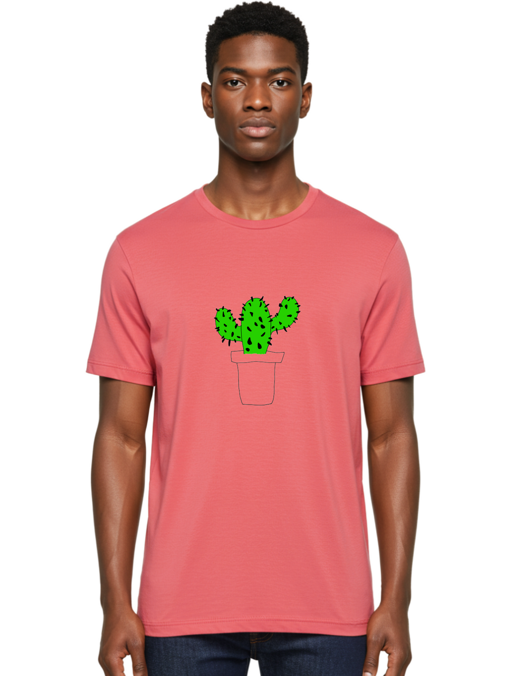 Cactus Men'S Graphic Tee, 100% Cotton, Comfortable Casual Summer Wear, Machine Washable, Cactus Plant, Potted Cactus, Spiky Leaves, Simple Illustration, Minimalist Design, Cacti, Succulent, Desert Plant, Houseplant, Black Outline -  Aaa016