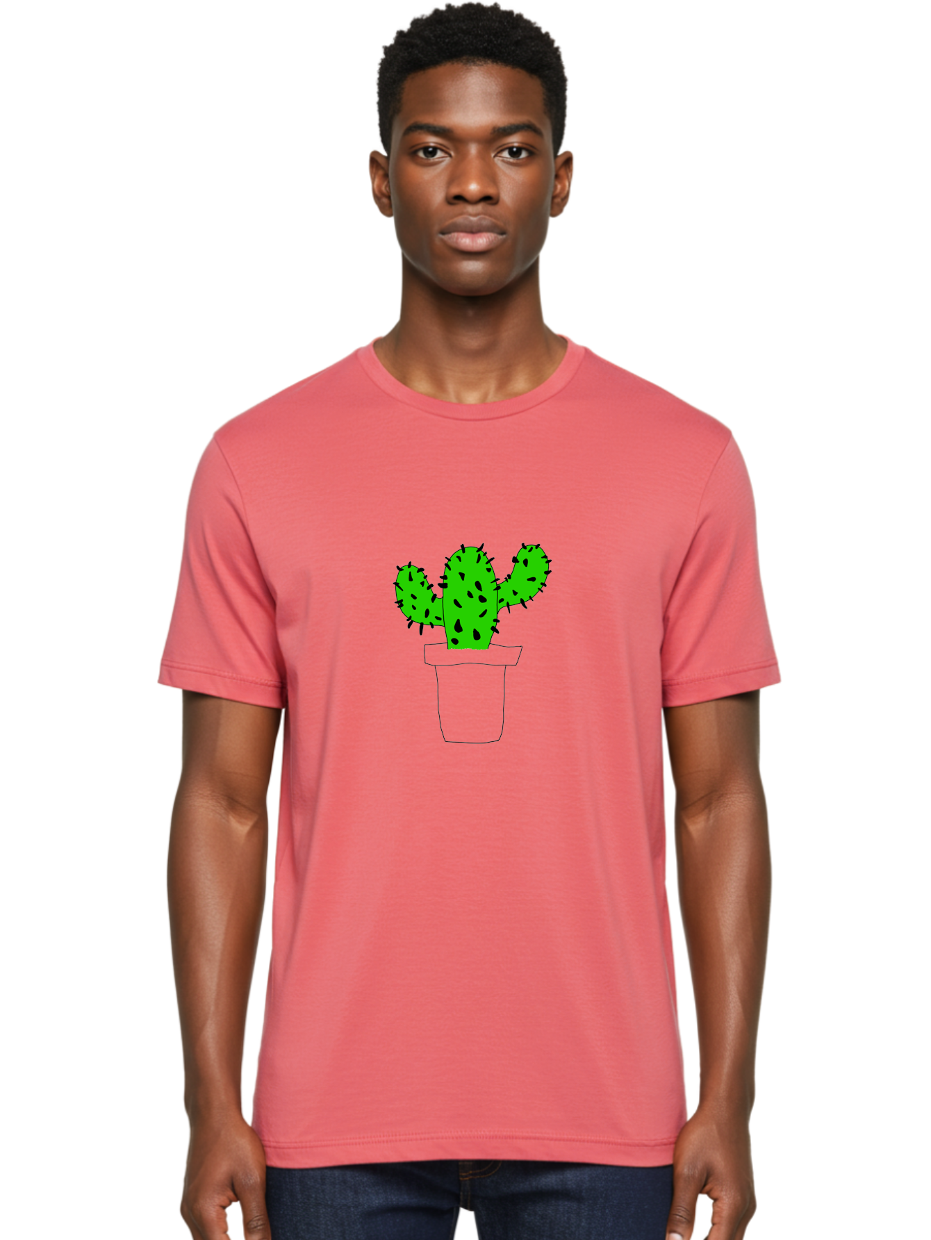 Cactus Men'S Graphic Tee, 100% Cotton, Comfortable Casual Summer Wear, Machine Washable, Cactus Plant, Potted Cactus, Spiky Leaves, Simple Illustration, Minimalist Design, Cacti, Succulent, Desert Plant, Houseplant, Black Outline -  Aaa016