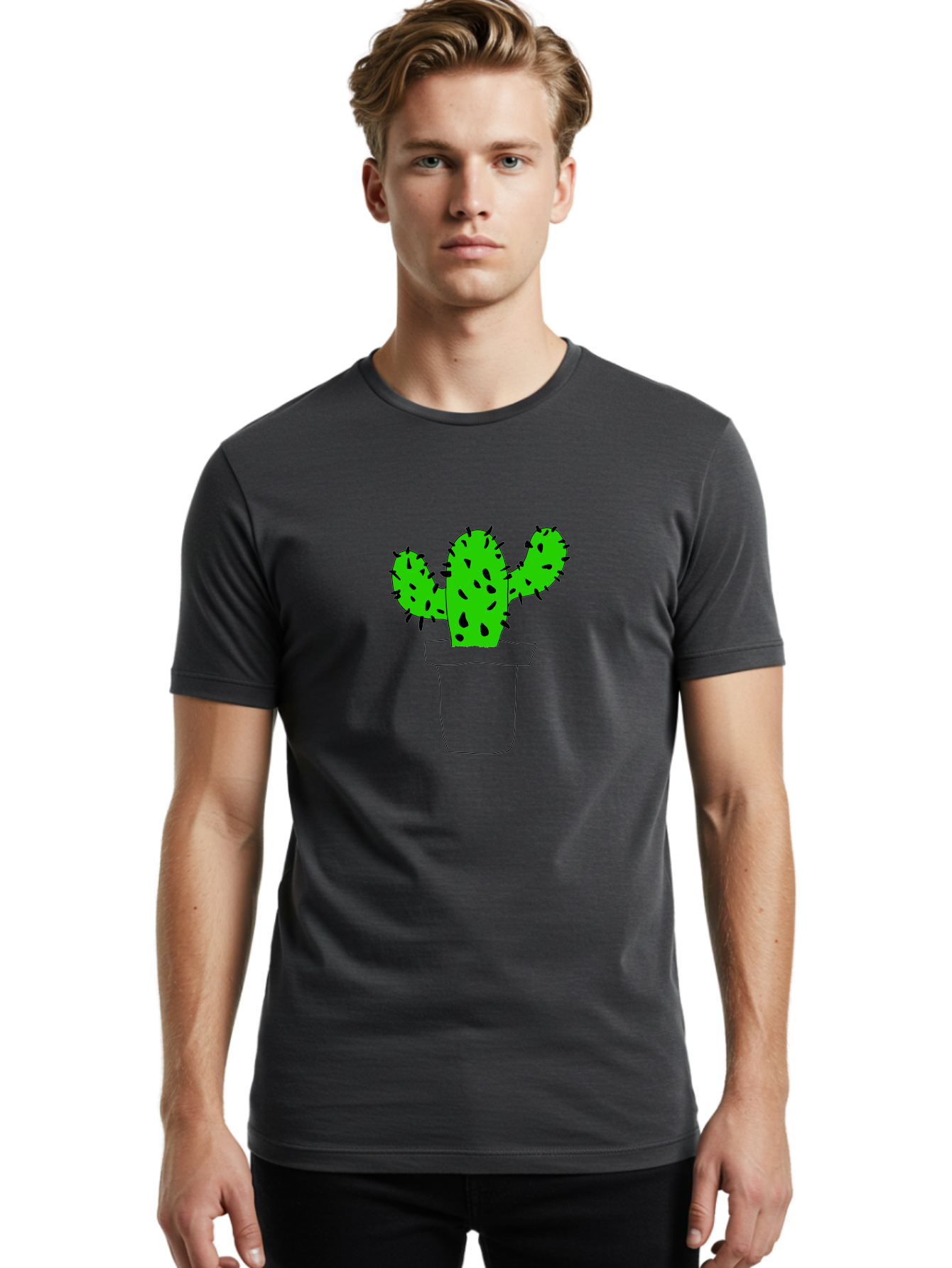 Cactus Men'S Graphic Tee, 100% Cotton, Comfortable Casual Summer Wear, Machine Washable, Cactus Plant, Potted Cactus, Spiky Leaves, Simple Illustration, Minimalist Design, Cacti, Succulent, Desert Plant, Houseplant, Black Outline -  Aaa016