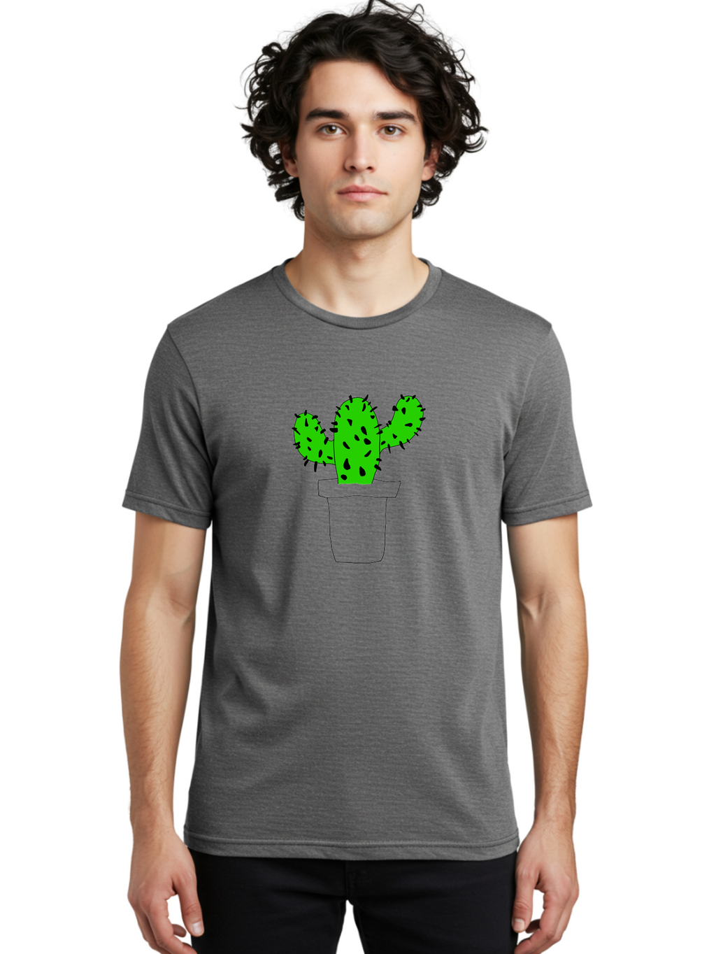 Cactus Men'S Graphic Tee, 100% Cotton, Comfortable Casual Summer Wear, Machine Washable, Cactus Plant, Potted Cactus, Spiky Leaves, Simple Illustration, Minimalist Design, Cacti, Succulent, Desert Plant, Houseplant, Black Outline -  Aaa016