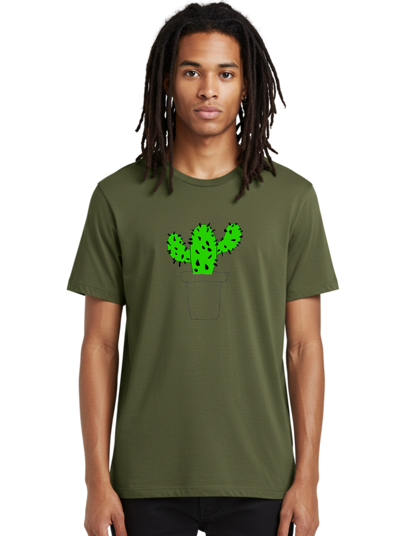 Cactus Men'S Graphic Tee, 100% Cotton, Comfortable Casual Summer Wear, Machine Washable, Cactus Plant, Potted Cactus, Spiky Leaves, Simple Illustration, Minimalist Design, Cacti, Succulent, Desert Plant, Houseplant, Black Outline -  Aaa016