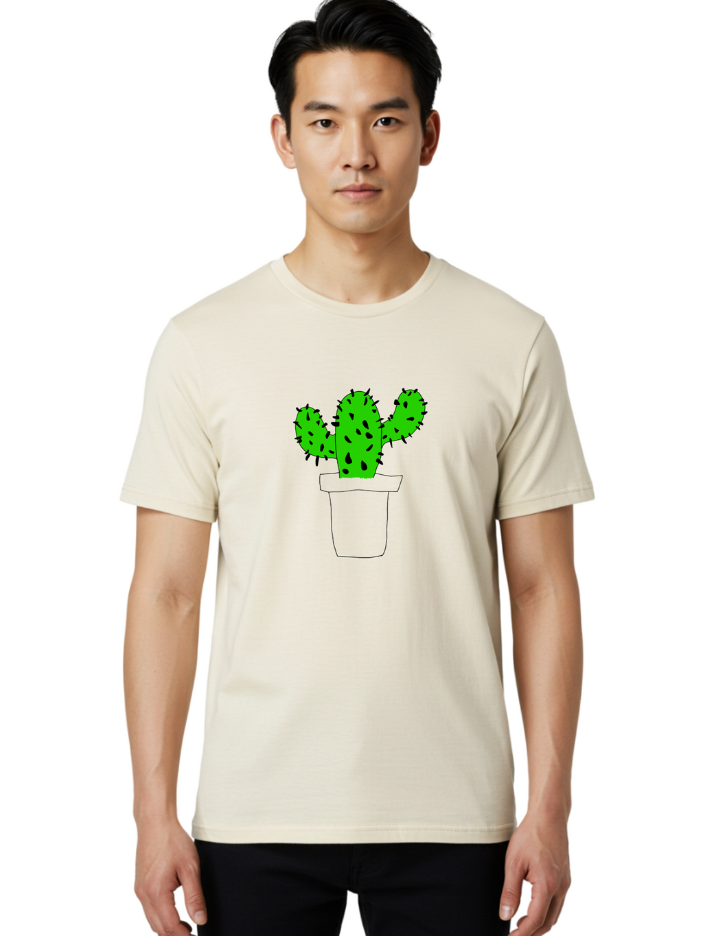 Cactus Men'S Graphic Tee, 100% Cotton, Comfortable Casual Summer Wear, Machine Washable, Cactus Plant, Potted Cactus, Spiky Leaves, Simple Illustration, Minimalist Design, Cacti, Succulent, Desert Plant, Houseplant, Black Outline -  Aaa016
