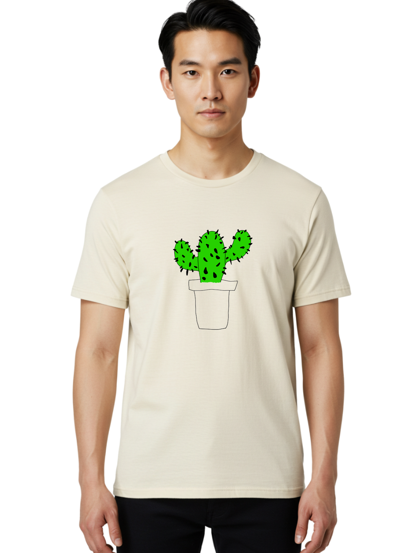 Cactus Men'S Graphic Tee, 100% Cotton, Comfortable Casual Summer Wear, Machine Washable, Cactus Plant, Potted Cactus, Spiky Leaves, Simple Illustration, Minimalist Design, Cacti, Succulent, Desert Plant, Houseplant, Black Outline -  Aaa016