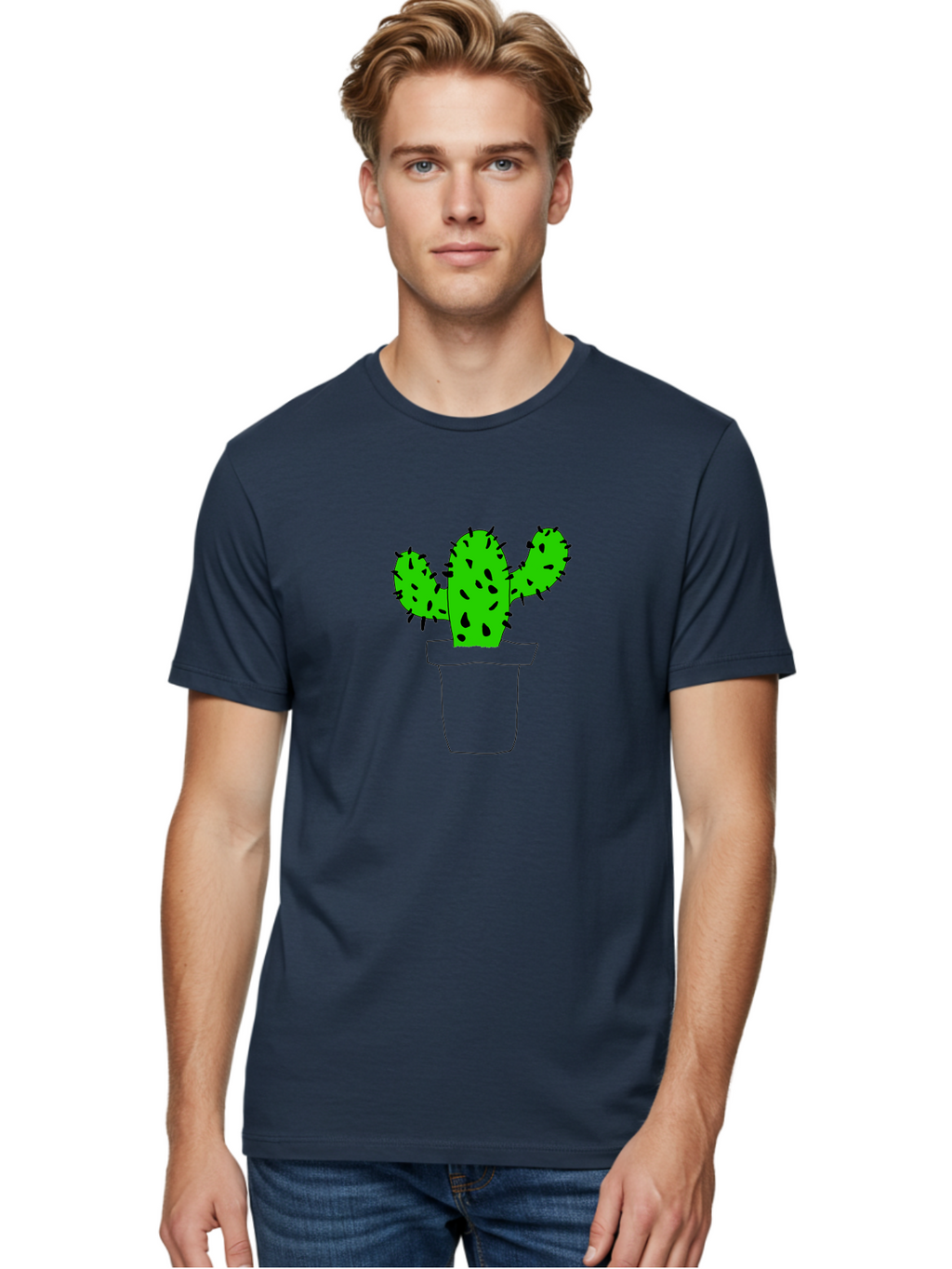 Cactus Men'S Graphic Tee, 100% Cotton, Comfortable Casual Summer Wear, Machine Washable, Cactus Plant, Potted Cactus, Spiky Leaves, Simple Illustration, Minimalist Design, Cacti, Succulent, Desert Plant, Houseplant, Black Outline -  Aaa016
