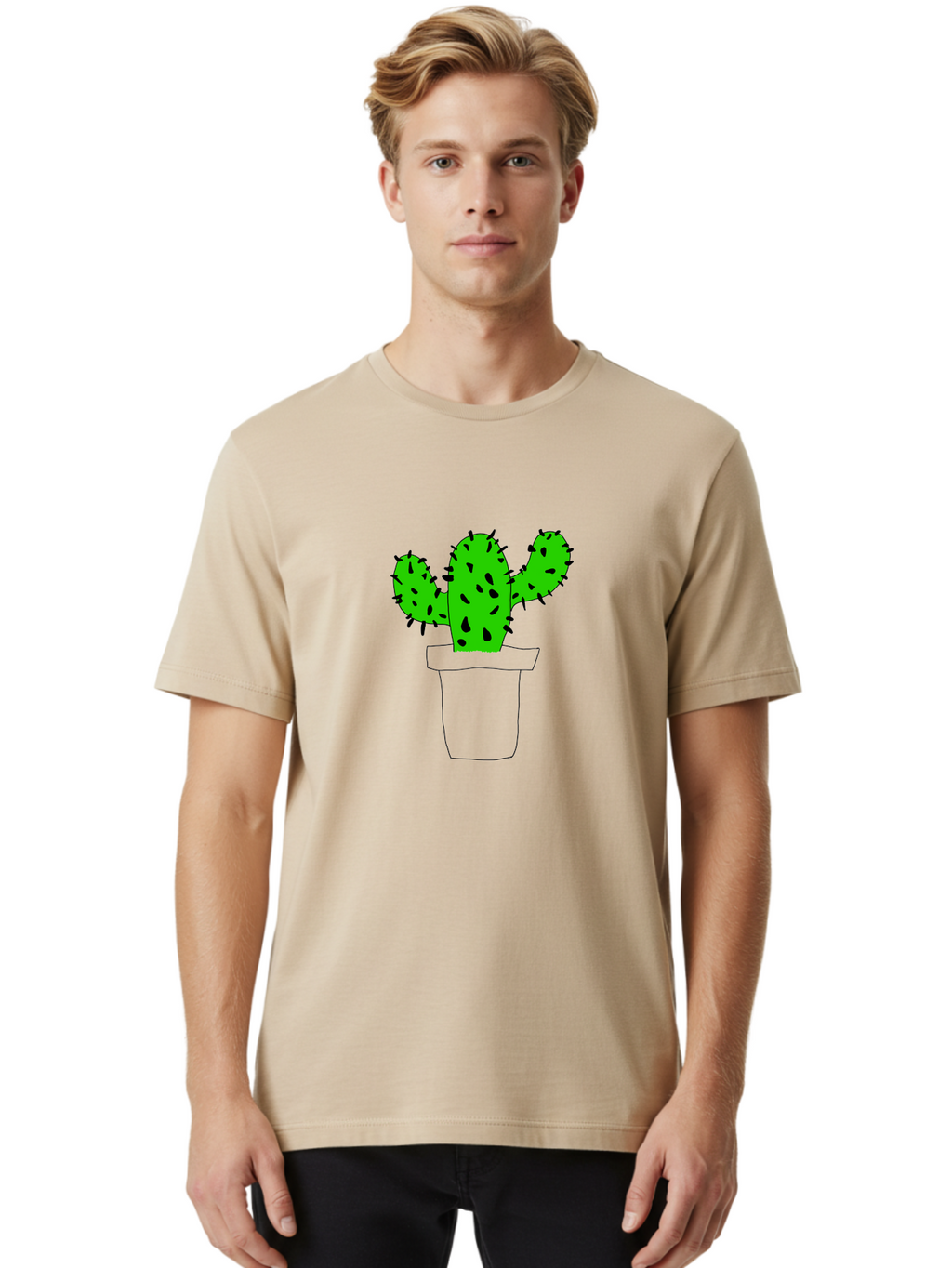 Cactus Men'S Graphic Tee, 100% Cotton, Comfortable Casual Summer Wear, Machine Washable, Cactus Plant, Potted Cactus, Spiky Leaves, Simple Illustration, Minimalist Design, Cacti, Succulent, Desert Plant, Houseplant, Black Outline -  Aaa016