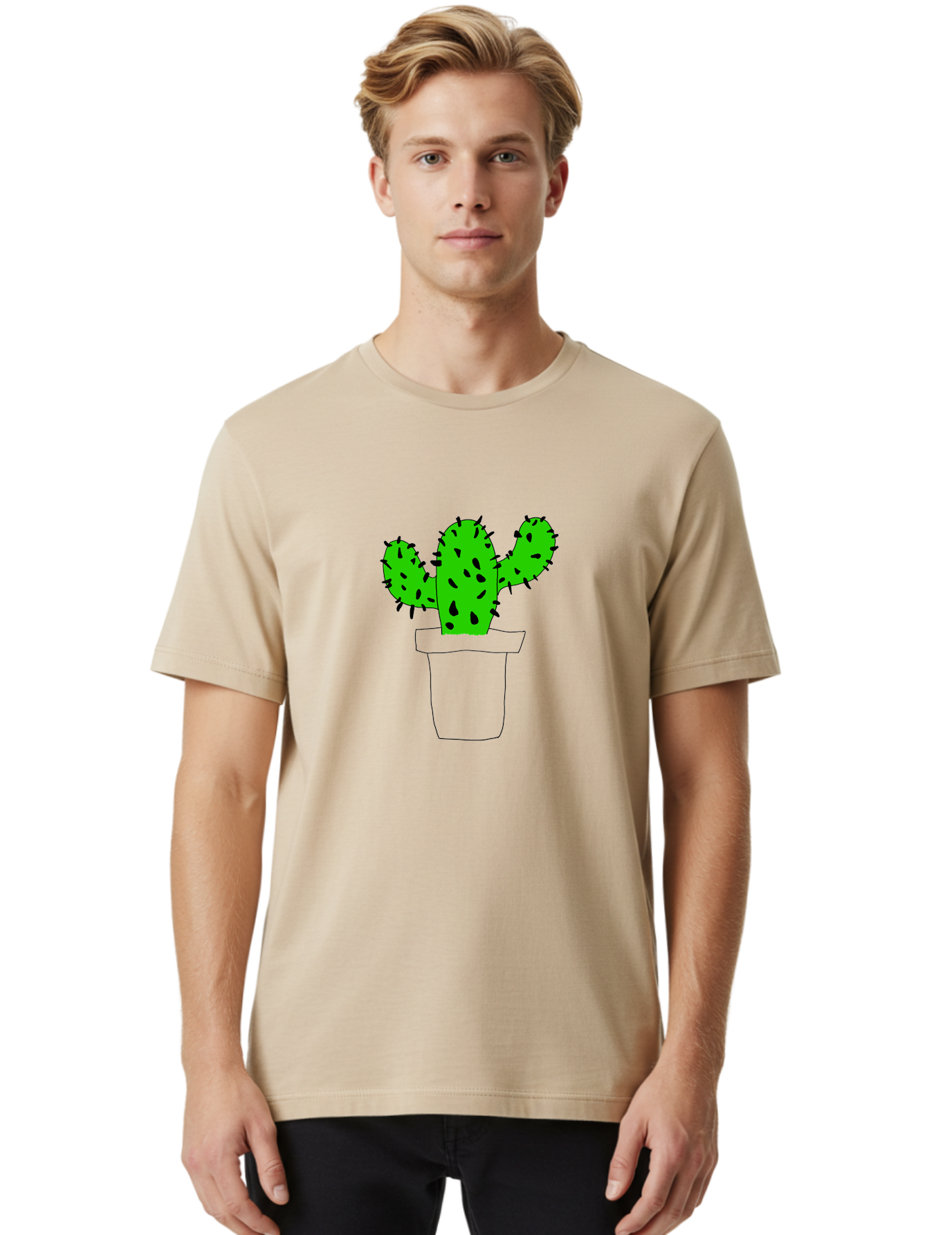 Cactus Men'S Graphic Tee, 100% Cotton, Comfortable Casual Summer Wear, Machine Washable, Cactus Plant, Potted Cactus, Spiky Leaves, Simple Illustration, Minimalist Design, Cacti, Succulent, Desert Plant, Houseplant, Black Outline -  Aaa016