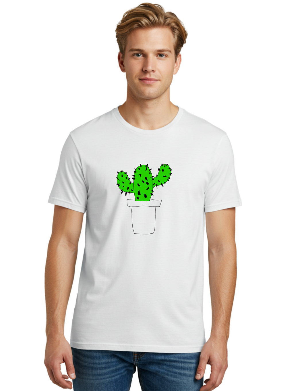 Cactus Men'S Graphic Tee, 100% Cotton, Comfortable Casual Summer Wear, Machine Washable, Cactus Plant, Potted Cactus, Spiky Leaves, Simple Illustration, Minimalist Design, Cacti, Succulent, Desert Plant, Houseplant, Black Outline -  Aaa016