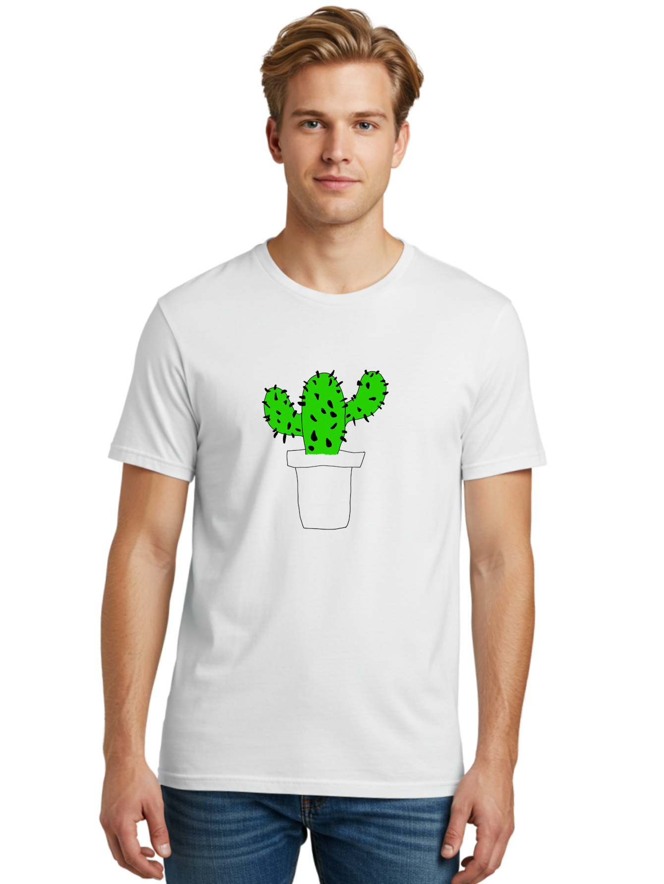 Cactus Men'S Graphic Tee, 100% Cotton, Comfortable Casual Summer Wear, Machine Washable, Cactus Plant, Potted Cactus, Spiky Leaves, Simple Illustration, Minimalist Design, Cacti, Succulent, Desert Plant, Houseplant, Black Outline -  Aaa016