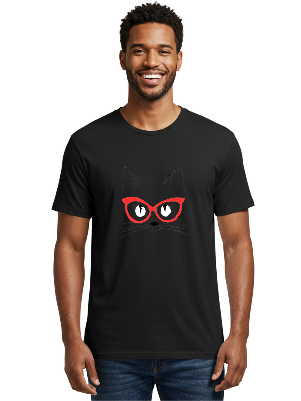 Cat-Face Men'S Graphic Tee, 100% Cotton, Comfortable Casual Summer Wear, Machine Washable, Funny Cat, Cat Face, Red Glasses, White Eyes, Black Nose, Whiskers, Cartoon Style, Simple Design, Cute Illustration, Pop Art, Modern Art -  Aaa018