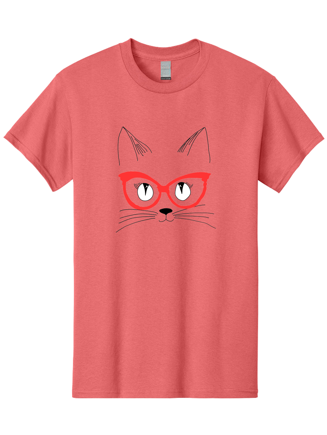 Cat-Face Men'S Graphic Tee, 100% Cotton, Comfortable Casual Summer Wear, Machine Washable, Funny Cat, Cat Face, Red Glasses, White Eyes, Black Nose, Whiskers, Cartoon Style, Simple Design, Cute Illustration, Pop Art, Modern Art -  Aaa018