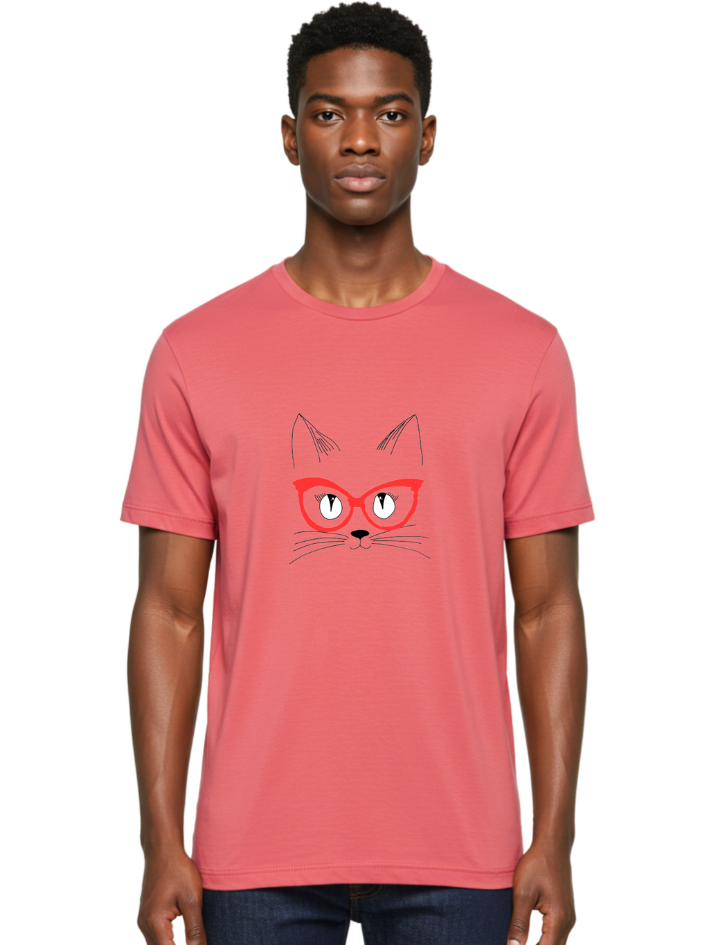 Cat-Face Men'S Graphic Tee, 100% Cotton, Comfortable Casual Summer Wear, Machine Washable, Funny Cat, Cat Face, Red Glasses, White Eyes, Black Nose, Whiskers, Cartoon Style, Simple Design, Cute Illustration, Pop Art, Modern Art -  Aaa018