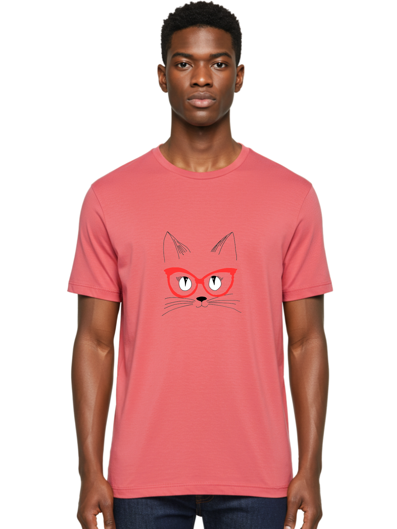 Cat-Face Men'S Graphic Tee, 100% Cotton, Comfortable Casual Summer Wear, Machine Washable, Funny Cat, Cat Face, Red Glasses, White Eyes, Black Nose, Whiskers, Cartoon Style, Simple Design, Cute Illustration, Pop Art, Modern Art -  Aaa018