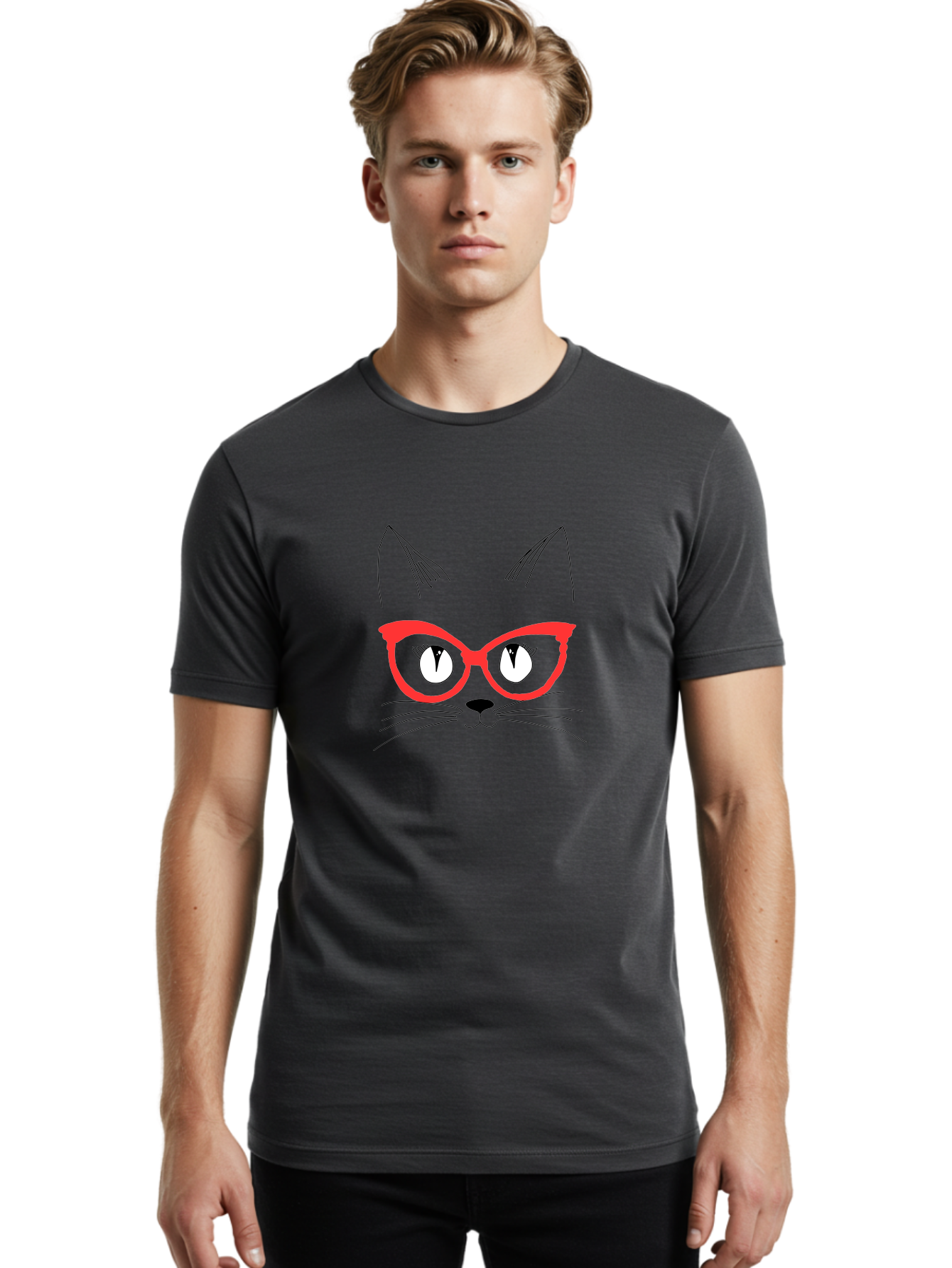 Cat-Face Men'S Graphic Tee, 100% Cotton, Comfortable Casual Summer Wear, Machine Washable, Funny Cat, Cat Face, Red Glasses, White Eyes, Black Nose, Whiskers, Cartoon Style, Simple Design, Cute Illustration, Pop Art, Modern Art -  Aaa018