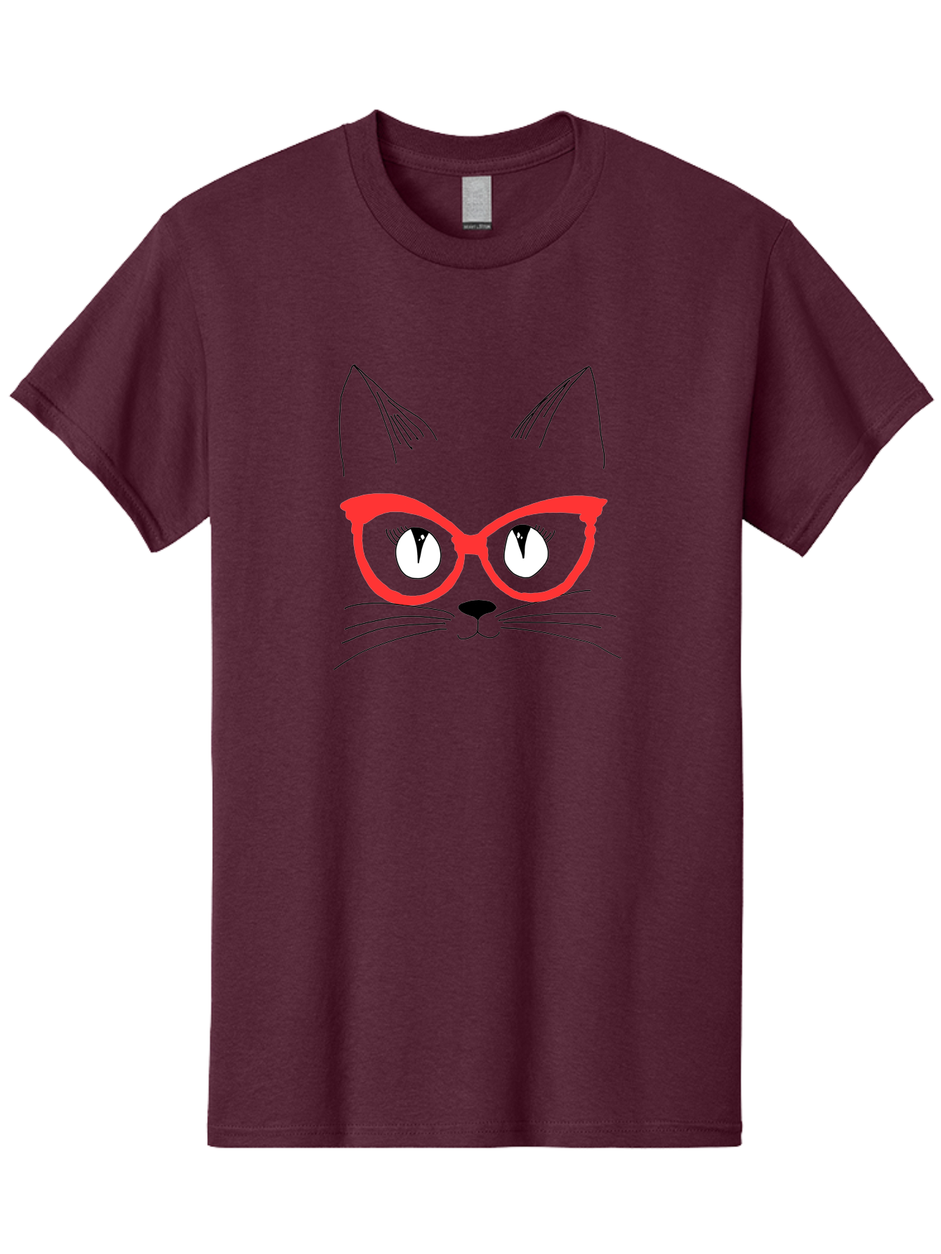 Cat-Face Men'S Graphic Tee, 100% Cotton, Comfortable Casual Summer Wear, Machine Washable, Funny Cat, Cat Face, Red Glasses, White Eyes, Black Nose, Whiskers, Cartoon Style, Simple Design, Cute Illustration, Pop Art, Modern Art -  Aaa018