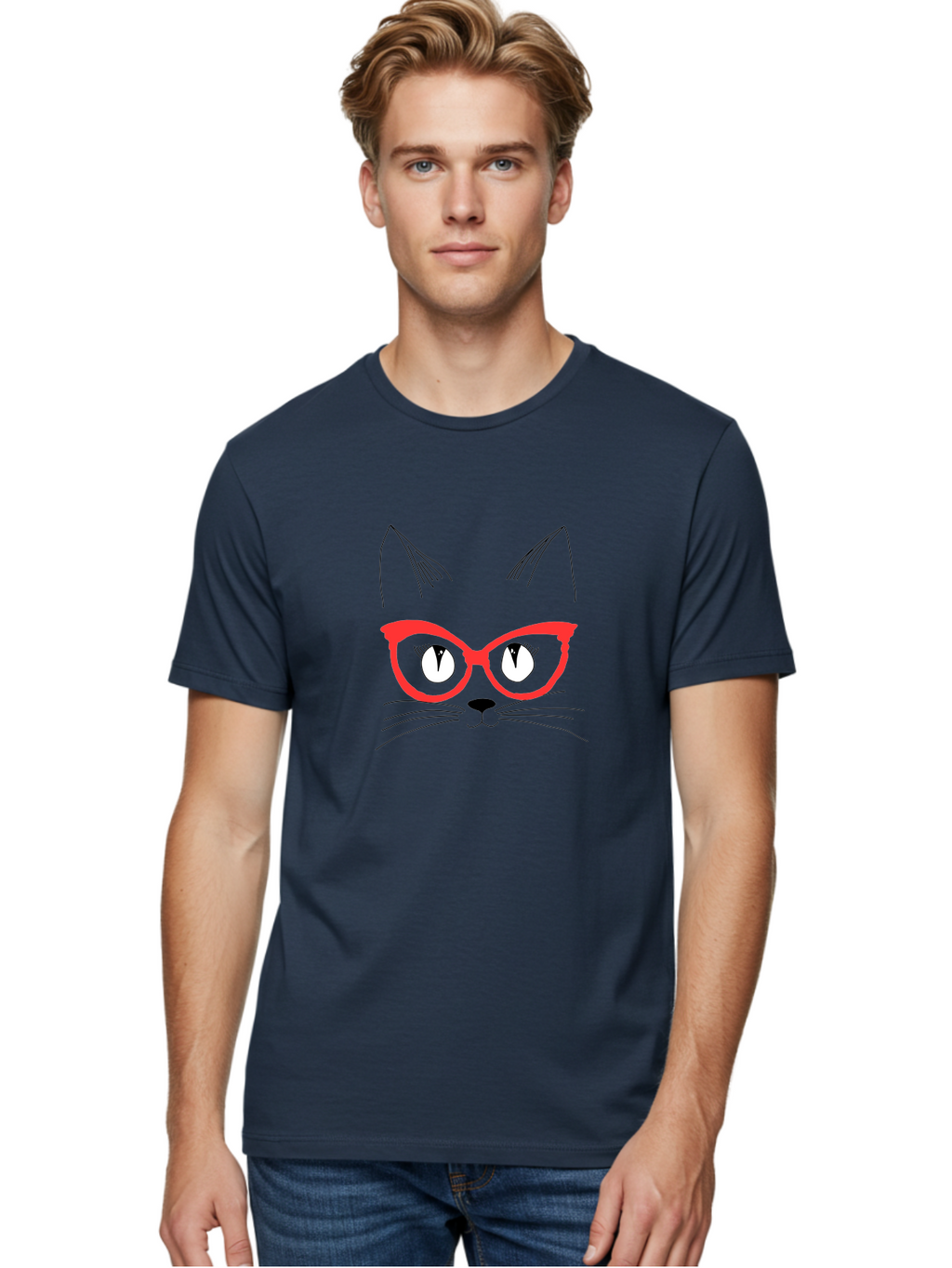 Cat-Face Men'S Graphic Tee, 100% Cotton, Comfortable Casual Summer Wear, Machine Washable, Funny Cat, Cat Face, Red Glasses, White Eyes, Black Nose, Whiskers, Cartoon Style, Simple Design, Cute Illustration, Pop Art, Modern Art -  Aaa018