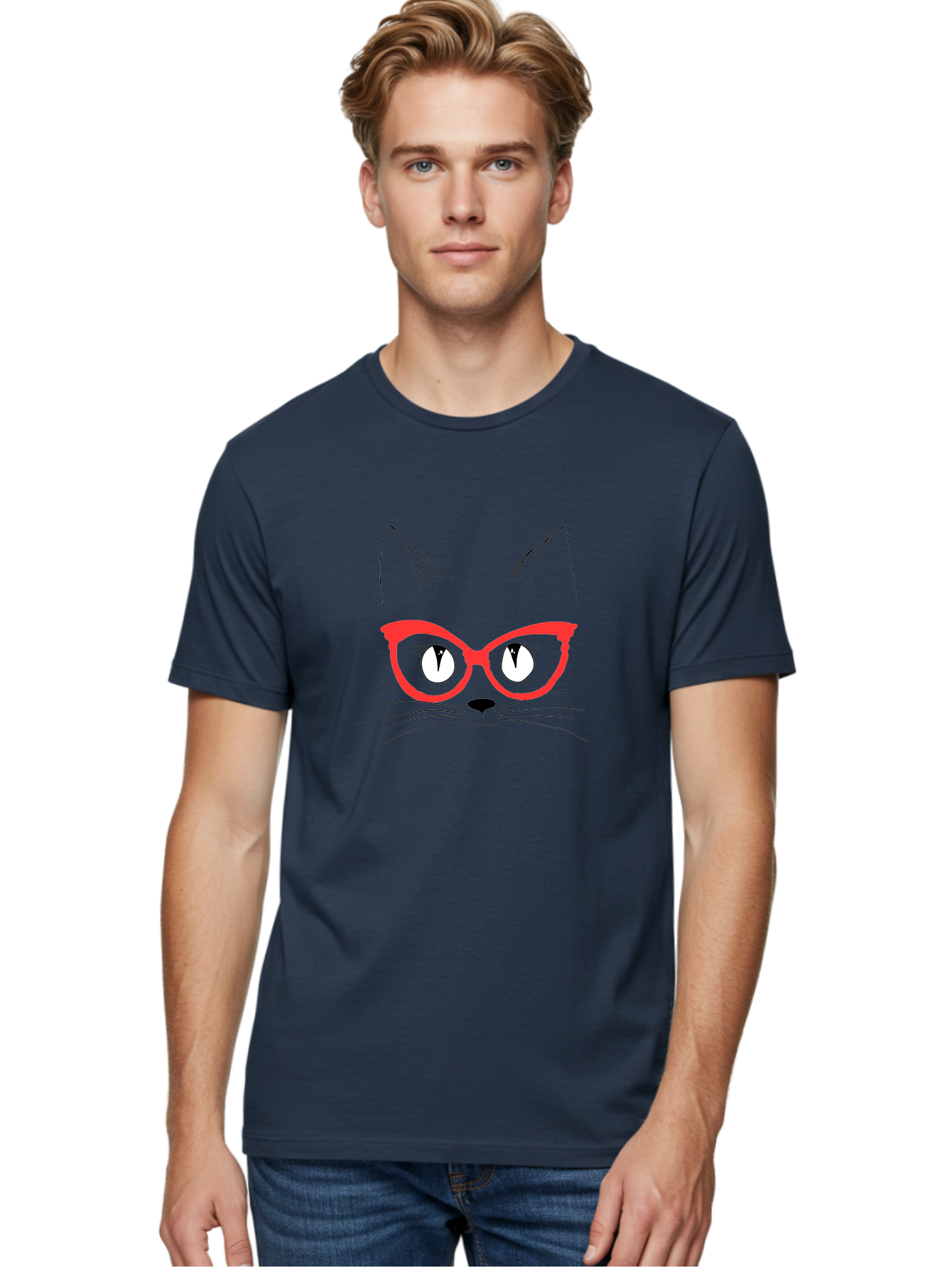 Cat-Face Men'S Graphic Tee, 100% Cotton, Comfortable Casual Summer Wear, Machine Washable, Funny Cat, Cat Face, Red Glasses, White Eyes, Black Nose, Whiskers, Cartoon Style, Simple Design, Cute Illustration, Pop Art, Modern Art -  Aaa018