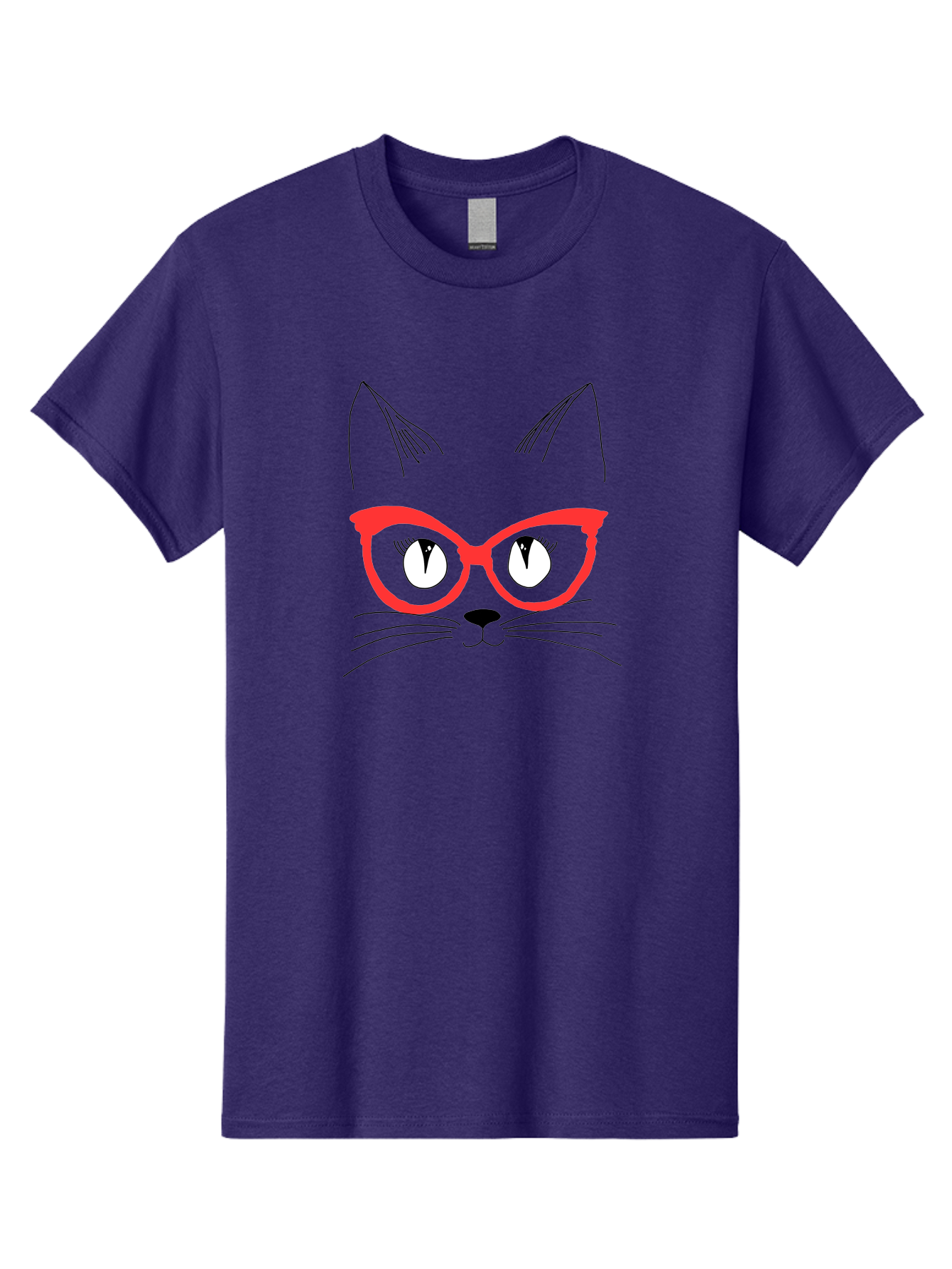Cat-Face Men'S Graphic Tee, 100% Cotton, Comfortable Casual Summer Wear, Machine Washable, Funny Cat, Cat Face, Red Glasses, White Eyes, Black Nose, Whiskers, Cartoon Style, Simple Design, Cute Illustration, Pop Art, Modern Art -  Aaa018