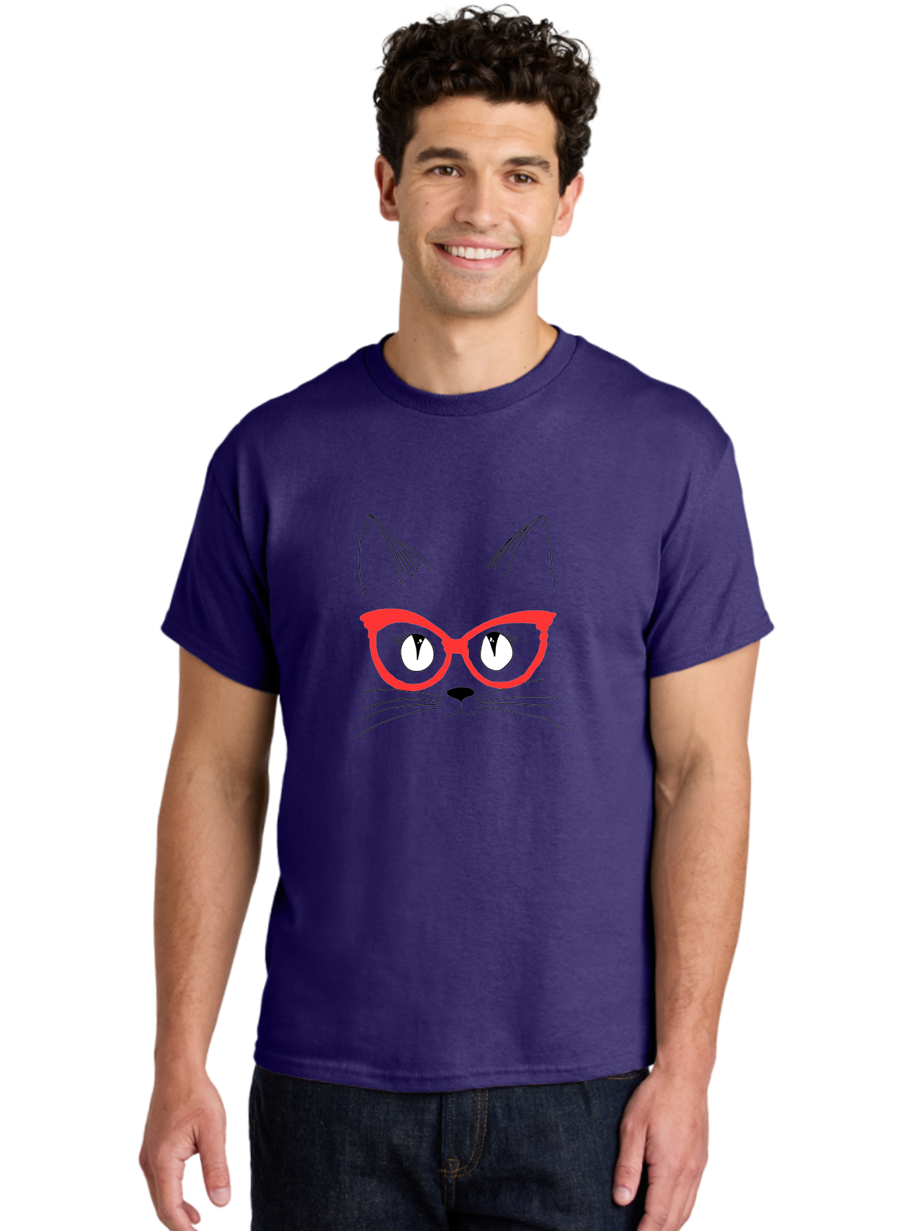 Cat-Face Men'S Graphic Tee, 100% Cotton, Comfortable Casual Summer Wear, Machine Washable, Funny Cat, Cat Face, Red Glasses, White Eyes, Black Nose, Whiskers, Cartoon Style, Simple Design, Cute Illustration, Pop Art, Modern Art -  Aaa018