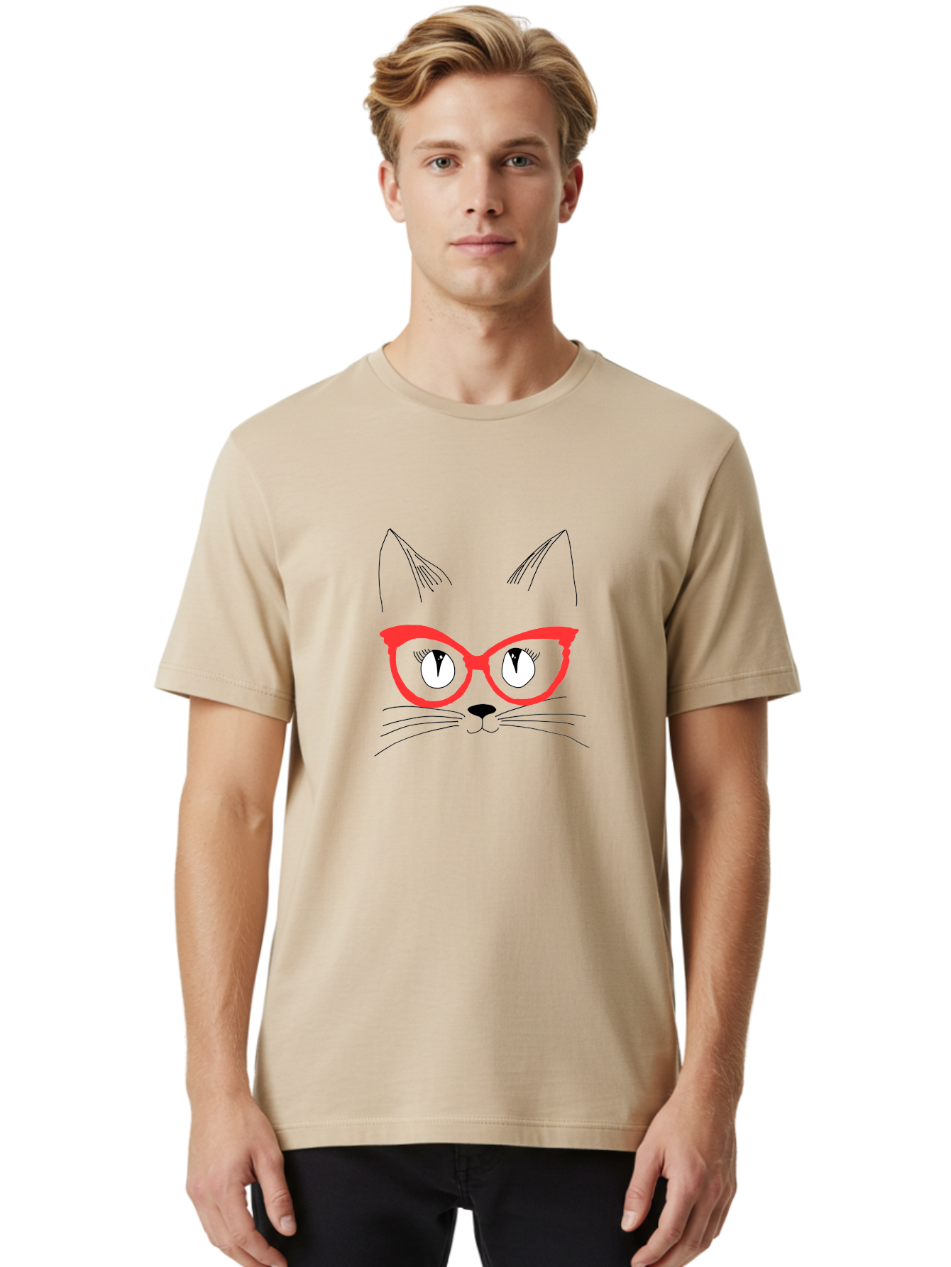 Cat-Face Men'S Graphic Tee, 100% Cotton, Comfortable Casual Summer Wear, Machine Washable, Funny Cat, Cat Face, Red Glasses, White Eyes, Black Nose, Whiskers, Cartoon Style, Simple Design, Cute Illustration, Pop Art, Modern Art -  Aaa018