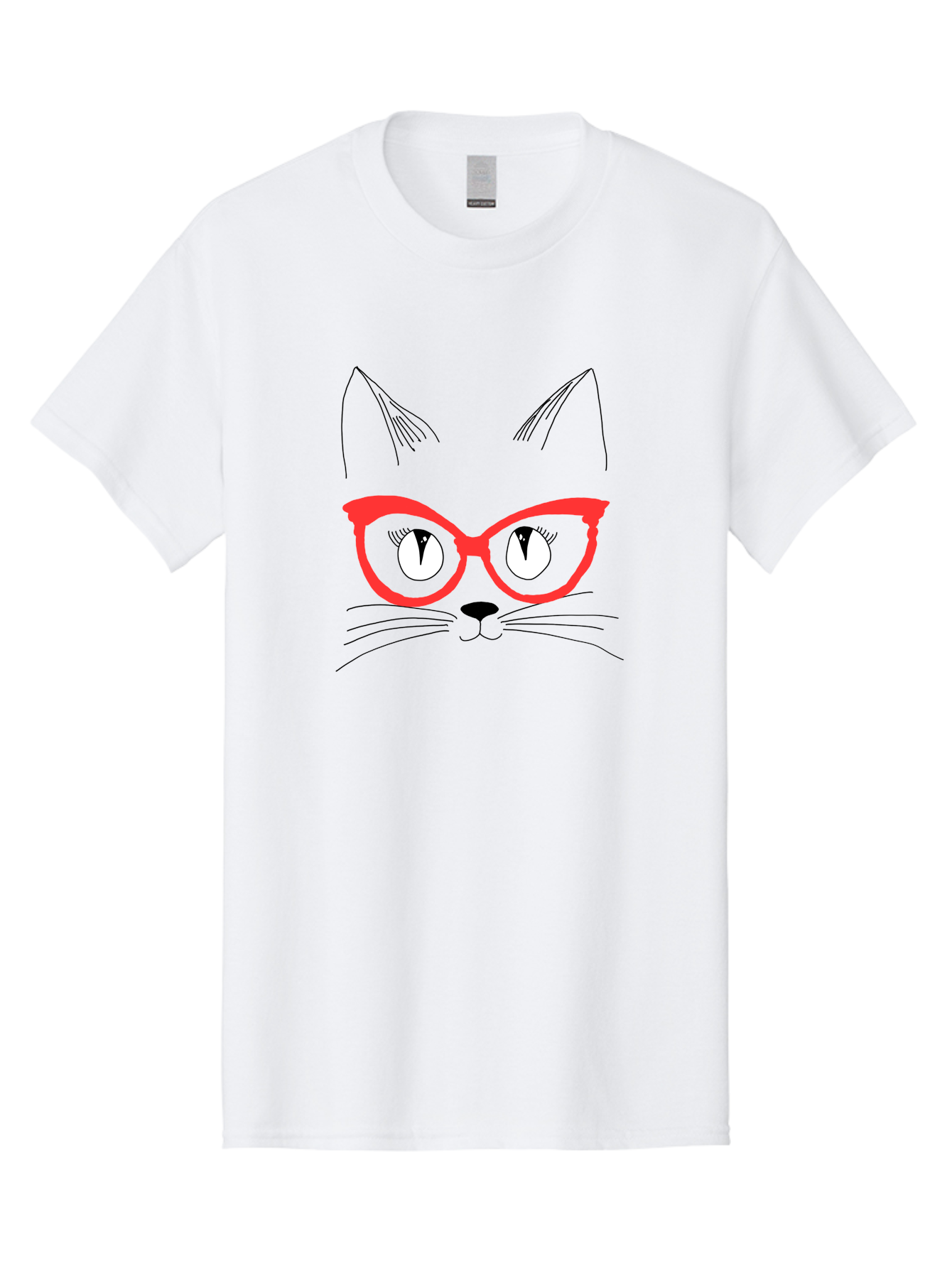 Cat-Face Men'S Graphic Tee, 100% Cotton, Comfortable Casual Summer Wear, Machine Washable, Funny Cat, Cat Face, Red Glasses, White Eyes, Black Nose, Whiskers, Cartoon Style, Simple Design, Cute Illustration, Pop Art, Modern Art -  Aaa018