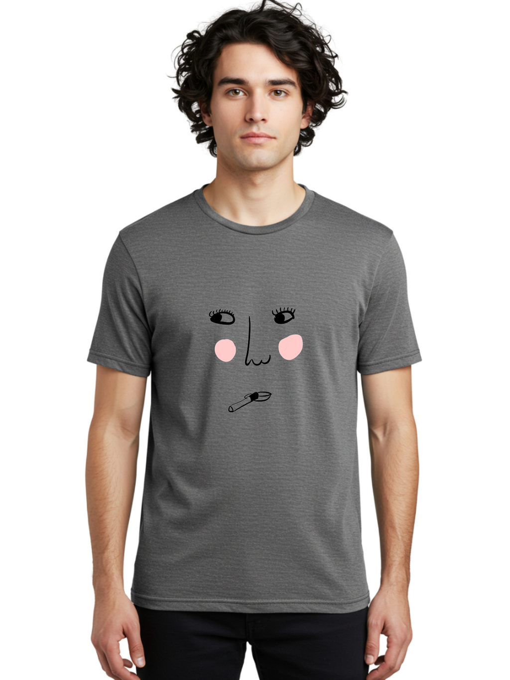 Cigarette-Face Men'S Graphic Tee, 100% Cotton, Comfortable Casual Summer Wear, Machine Washable, Cartoon Face, Whimsical Illustration, Smoking Culture, Cigarette, Quirky Art, Abstract Face, Minimalist Design, Simple Shapes -  Aaa020