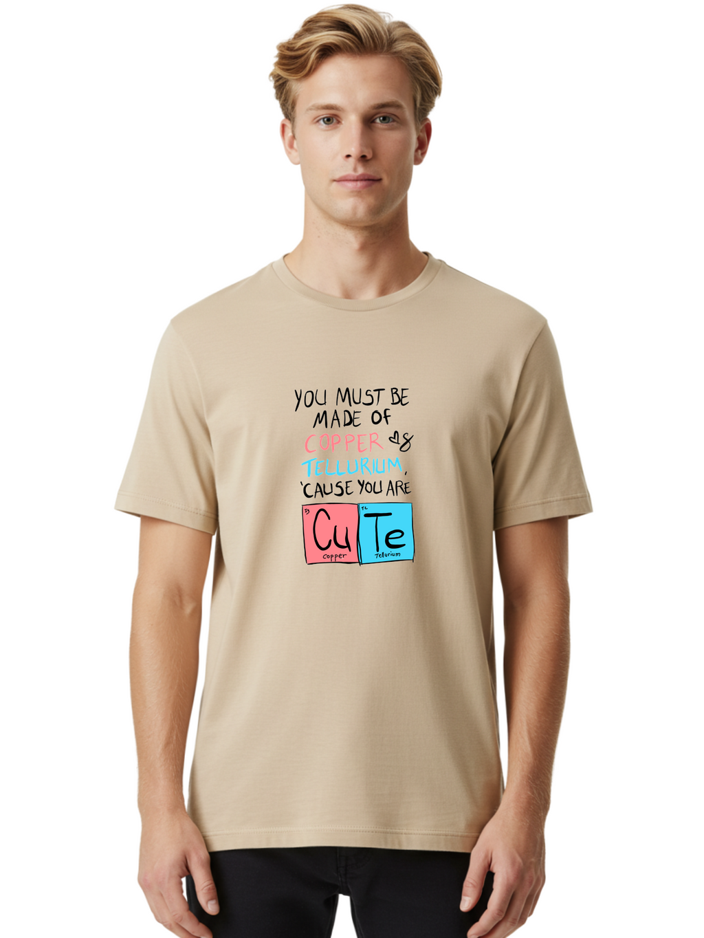 Cute-Chemistry-Pun Men'S Graphic Tee, 100% Cotton, Comfortable Casual Summer Wear, Machine Washable, Cute Chemistry Pun, Periodic Table Elements, Copper And Tellurium, Chemistry Joke, Science Humor, Funny Quote, Playful Design, -  Aaa022
