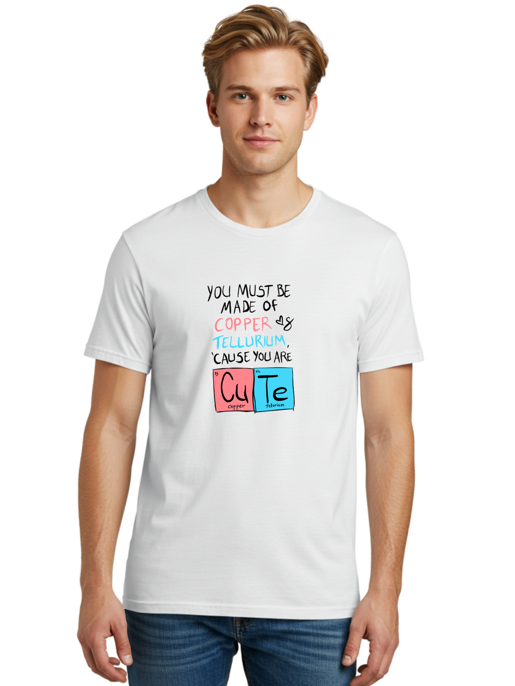 Cute-Chemistry-Pun Men'S Graphic Tee, 100% Cotton, Comfortable Casual Summer Wear, Machine Washable, Cute Chemistry Pun, Periodic Table Elements, Copper And Tellurium, Chemistry Joke, Science Humor, Funny Quote, Playful Design, -  Aaa022