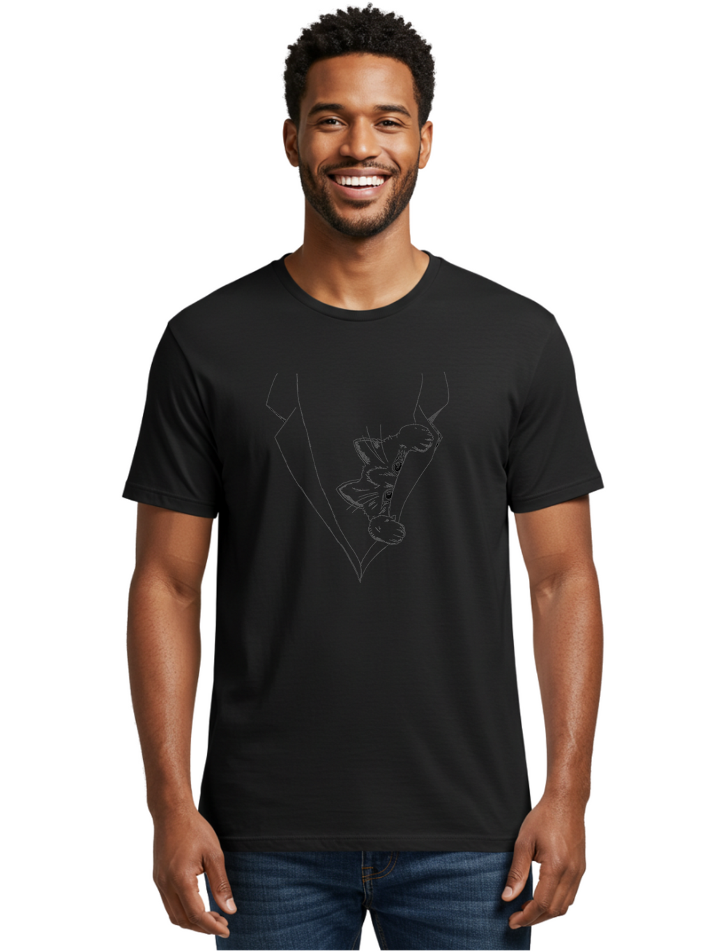 Dog-In-Diamond Men'S Graphic Tee, 100% Cotton, Comfortable Casual Summer Wear, Machine Washable, Cat In Tuxedo, Feline Fashion, Elegant Cat, Black Line Art, Whimsical Design, Stylized Illustration, Cute Cartoon, Cat Face, Stylish Accessory, -  Aaa024