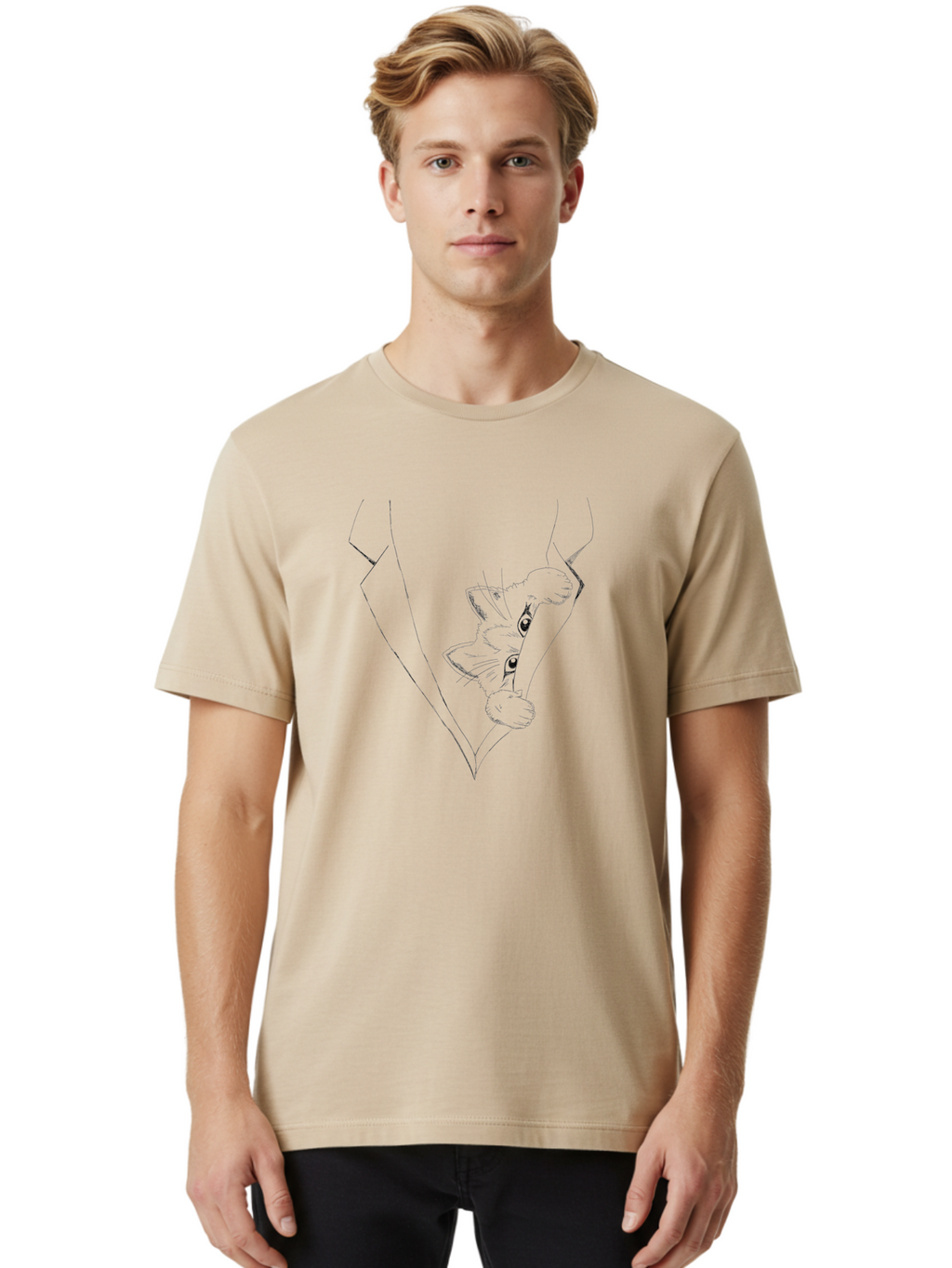 Dog-In-Diamond Men'S Graphic Tee, 100% Cotton, Comfortable Casual Summer Wear, Machine Washable, Cat In Tuxedo, Feline Fashion, Elegant Cat, Black Line Art, Whimsical Design, Stylized Illustration, Cute Cartoon, Cat Face, Stylish Accessory, -  Aaa024