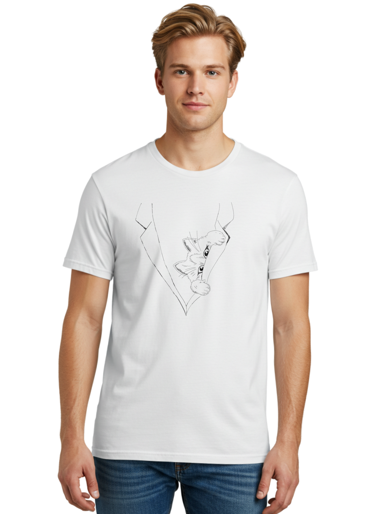 Dog-In-Diamond Men'S Graphic Tee, 100% Cotton, Comfortable Casual Summer Wear, Machine Washable, Cat In Tuxedo, Feline Fashion, Elegant Cat, Black Line Art, Whimsical Design, Stylized Illustration, Cute Cartoon, Cat Face, Stylish Accessory, -  Aaa024