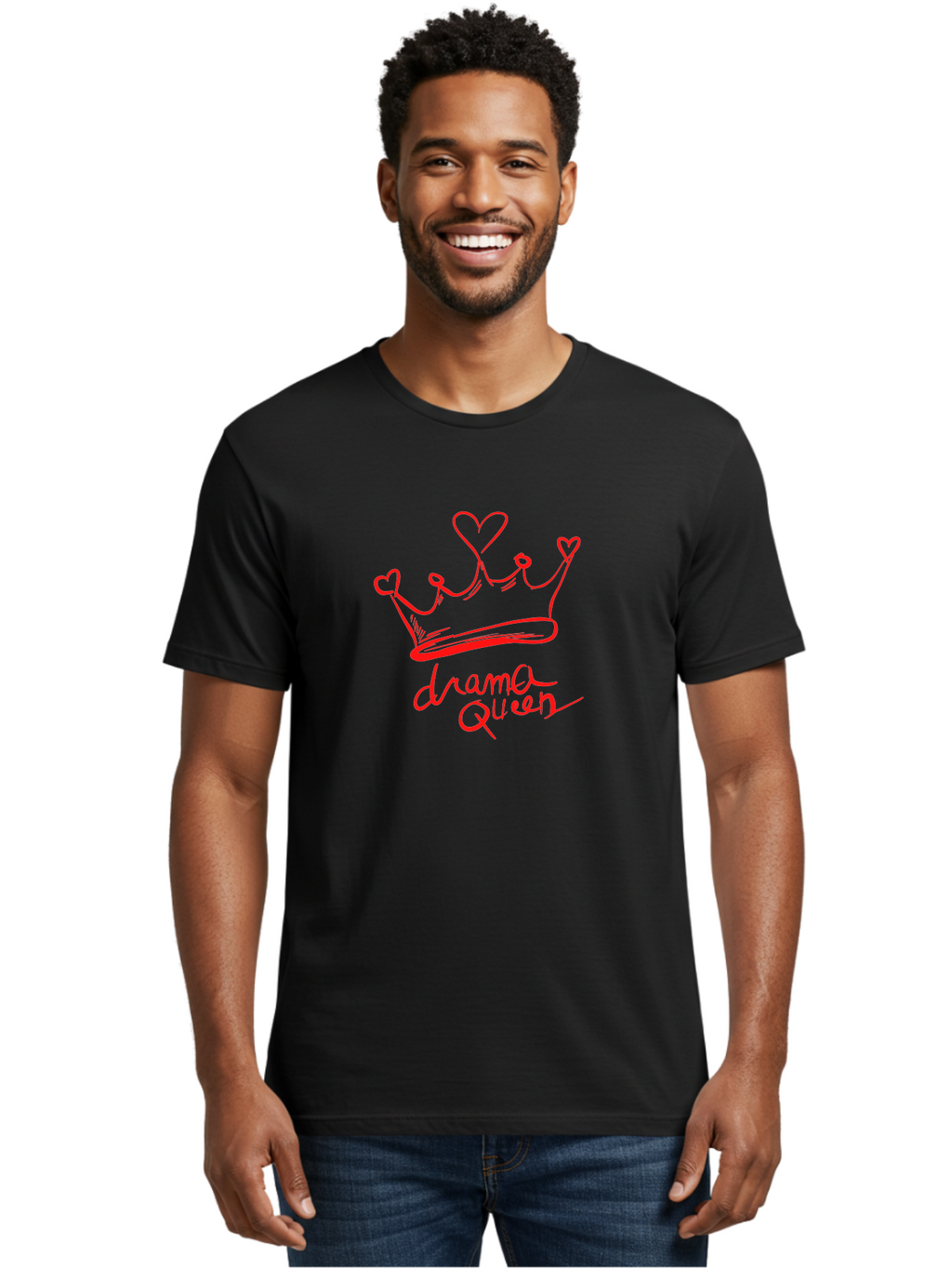 Drama-Queen Men'S Graphic Tee, 100% Cotton, Comfortable Casual Summer Wear, Machine Washable, Hand-Drawn Crown With Hearts, Red Ink Illustration, Drama Queen Phrase, Royal Symbolism, Quirky Design, Heart-Shaped Decorations -  Aaa027